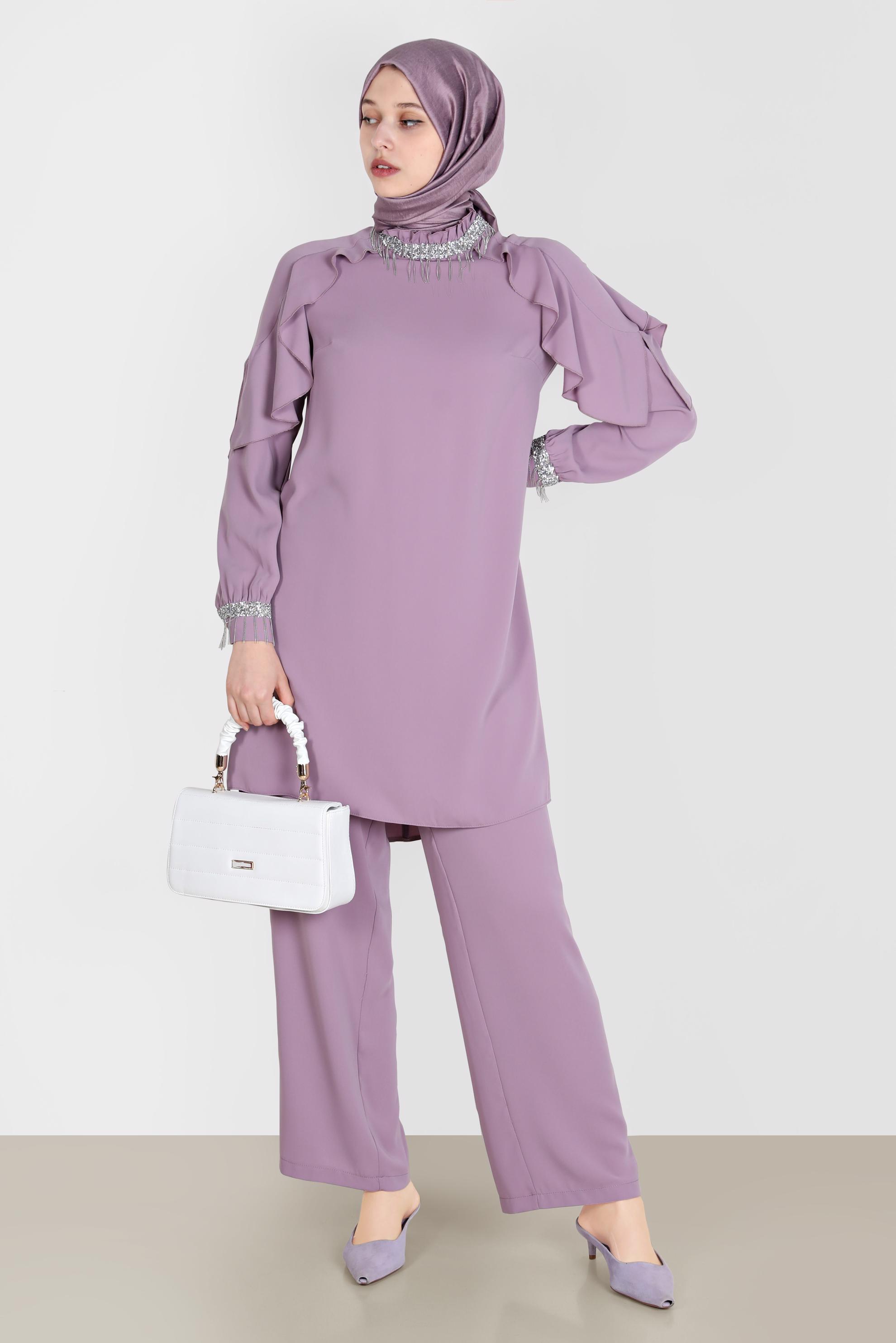 Tesettür giyim MOR PÜSKÜL DETAYLI VOLANLI İKİLİ PANT. TAKIM 30259 