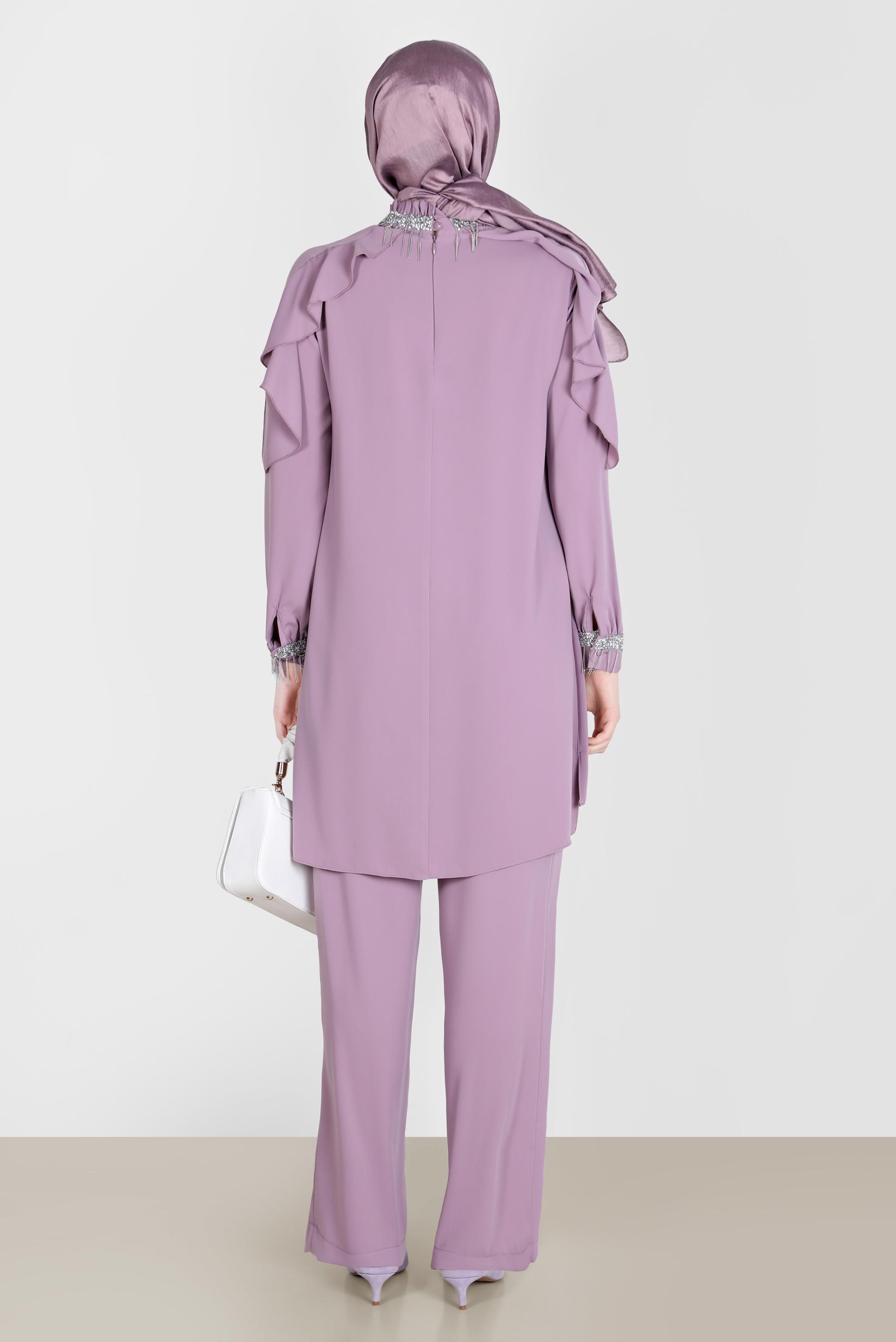 Tesettür giyim MOR PÜSKÜL DETAYLI VOLANLI İKİLİ PANT. TAKIM 30259 