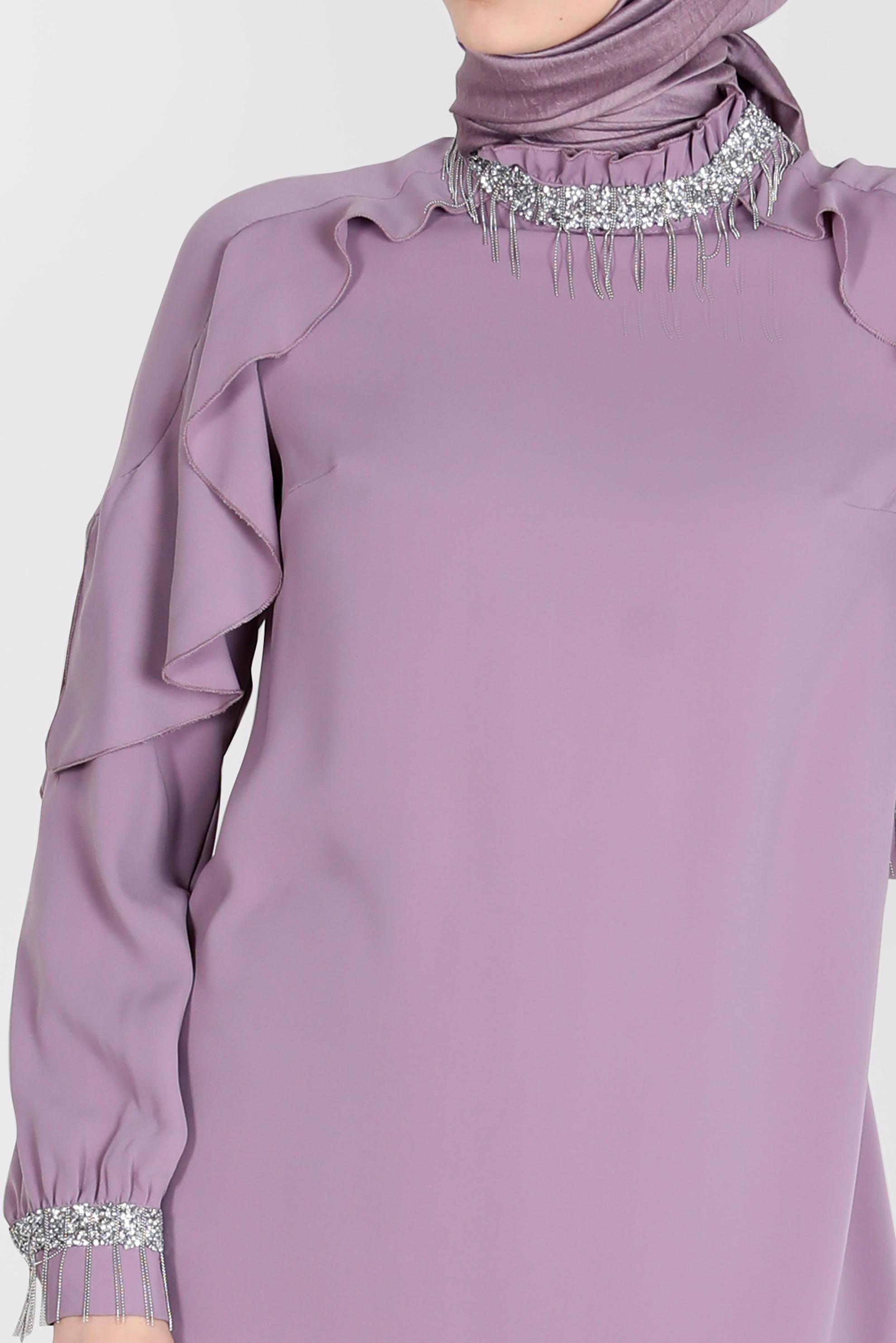 Tesettür giyim MOR PÜSKÜL DETAYLI VOLANLI İKİLİ PANT. TAKIM 30259 