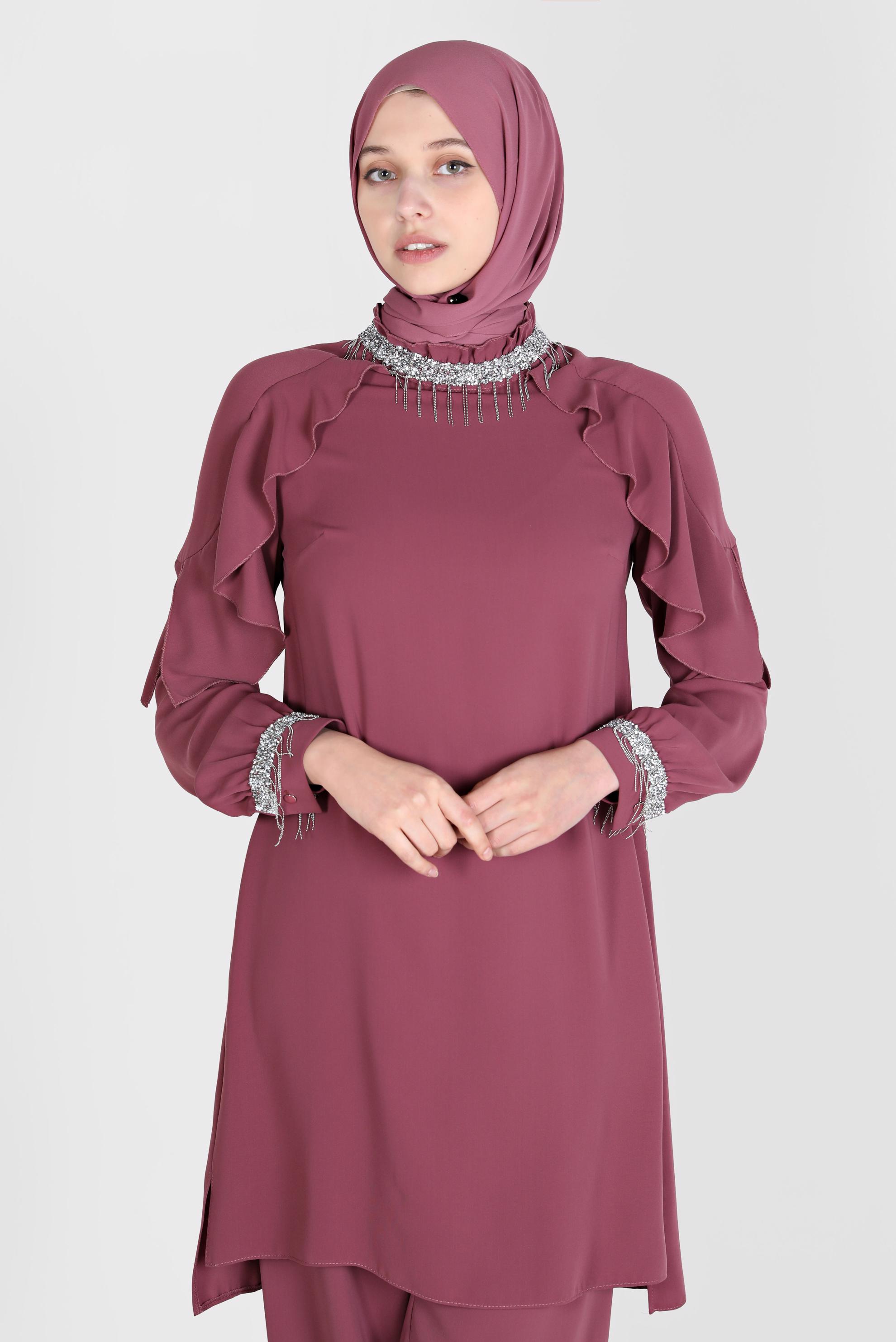 Tesettür giyim PEMBE PÜSKÜL DETAYLI VOLANLI İKİLİ PANT. TAKIM 30259 