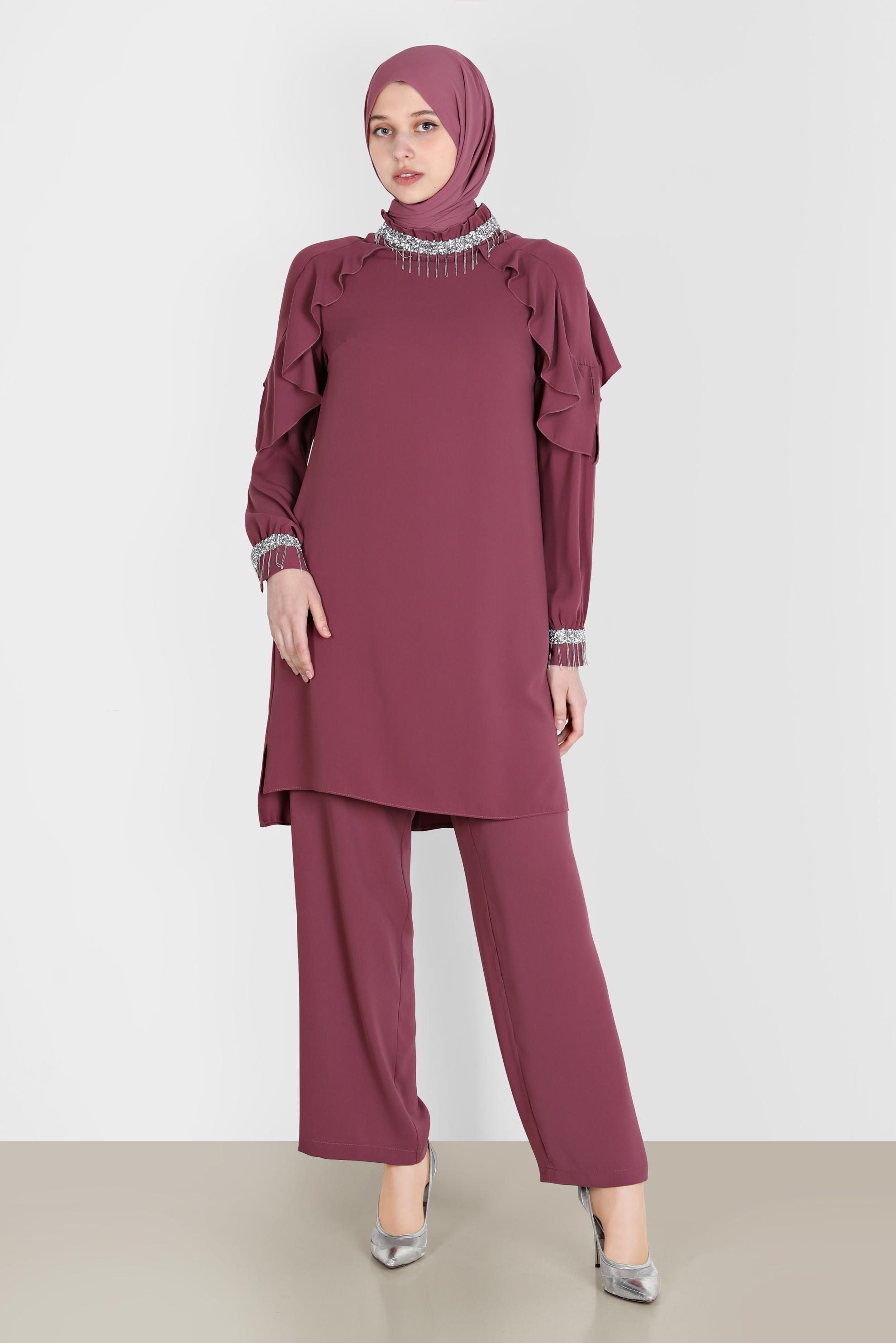 Tesettür giyim PEMBE PÜSKÜL DETAYLI VOLANLI İKİLİ PANT. TAKIM 30259 