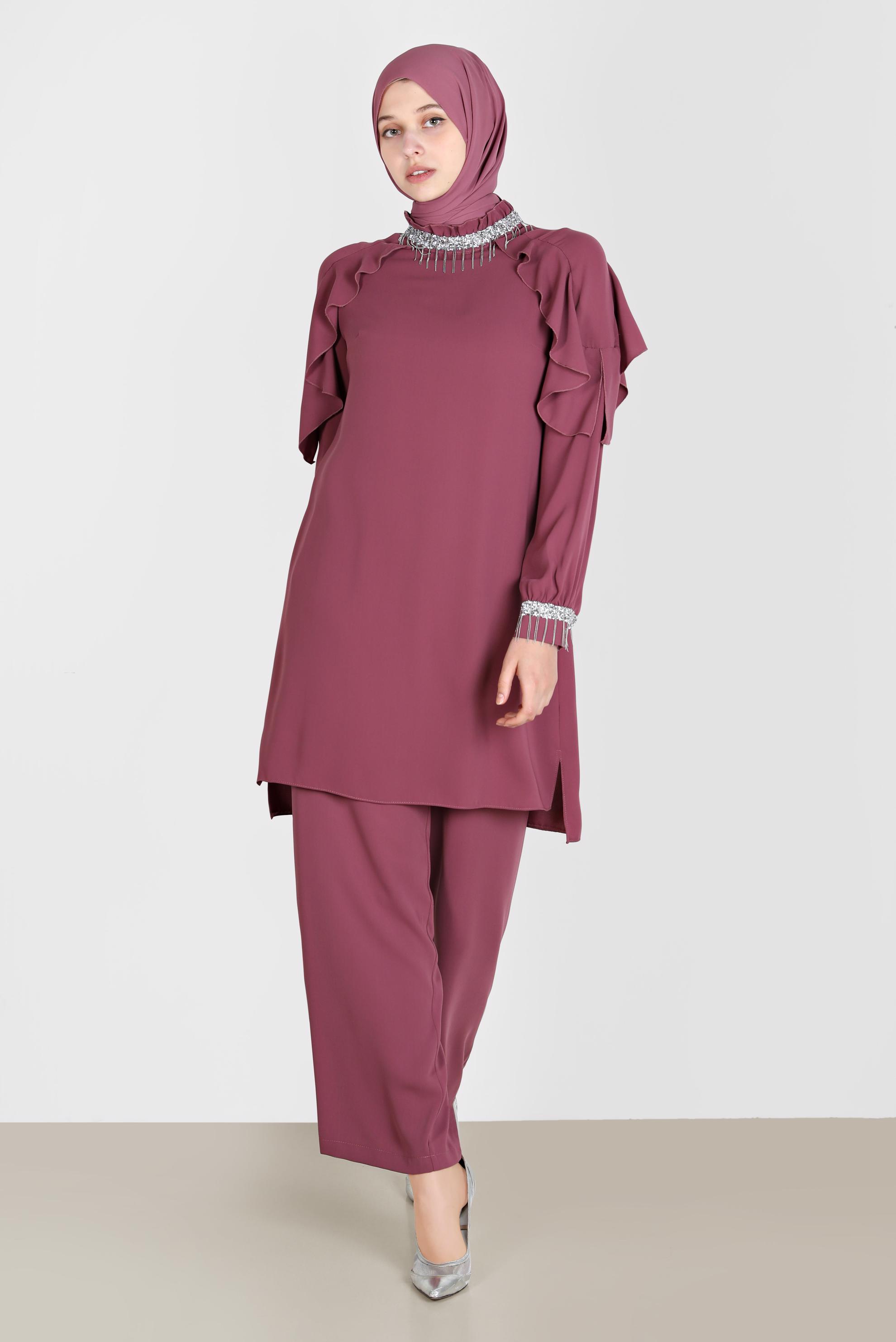 Tesettür giyim PEMBE PÜSKÜL DETAYLI VOLANLI İKİLİ PANT. TAKIM 30259 
