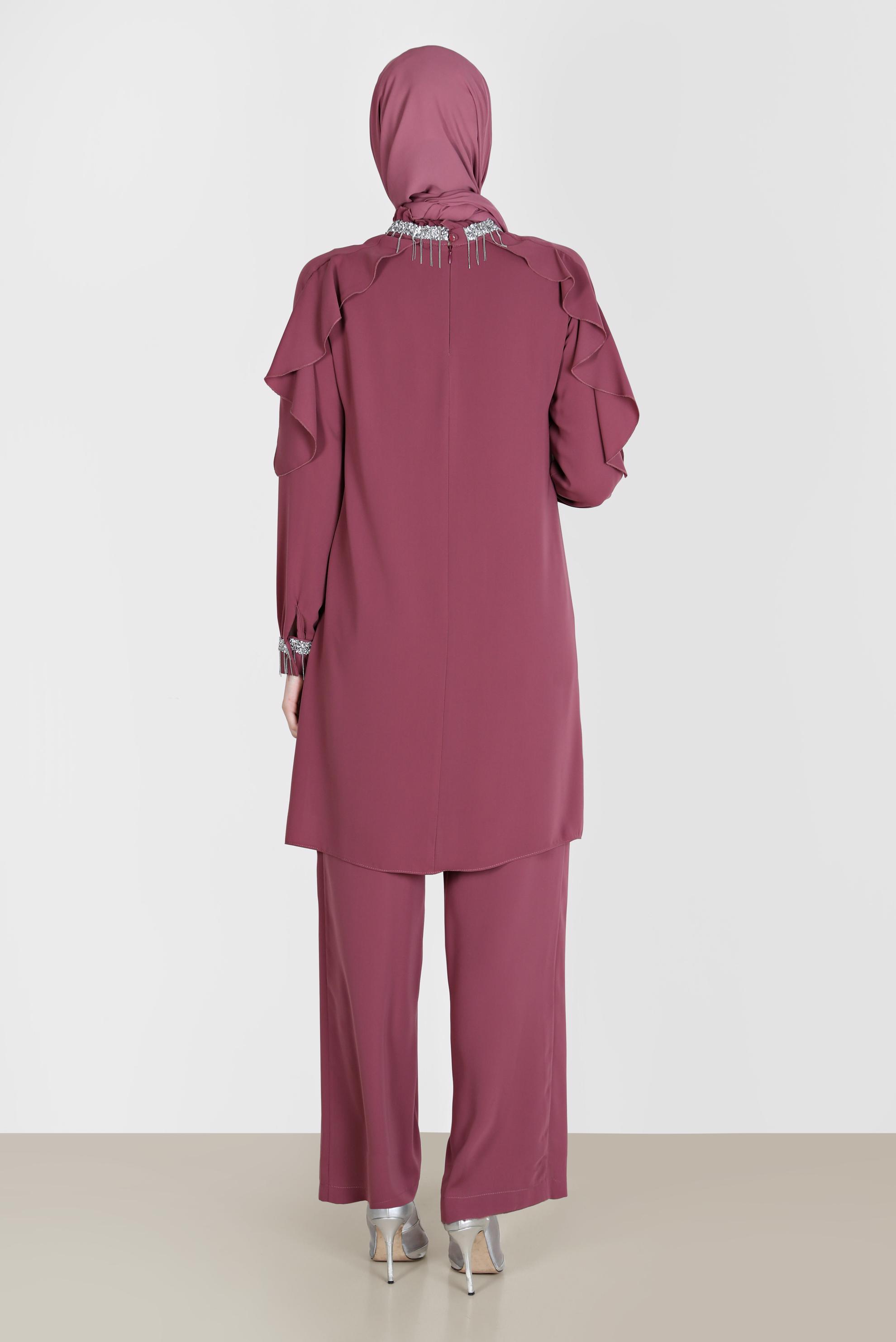 Tesettür giyim PEMBE PÜSKÜL DETAYLI VOLANLI İKİLİ PANT. TAKIM 30259 