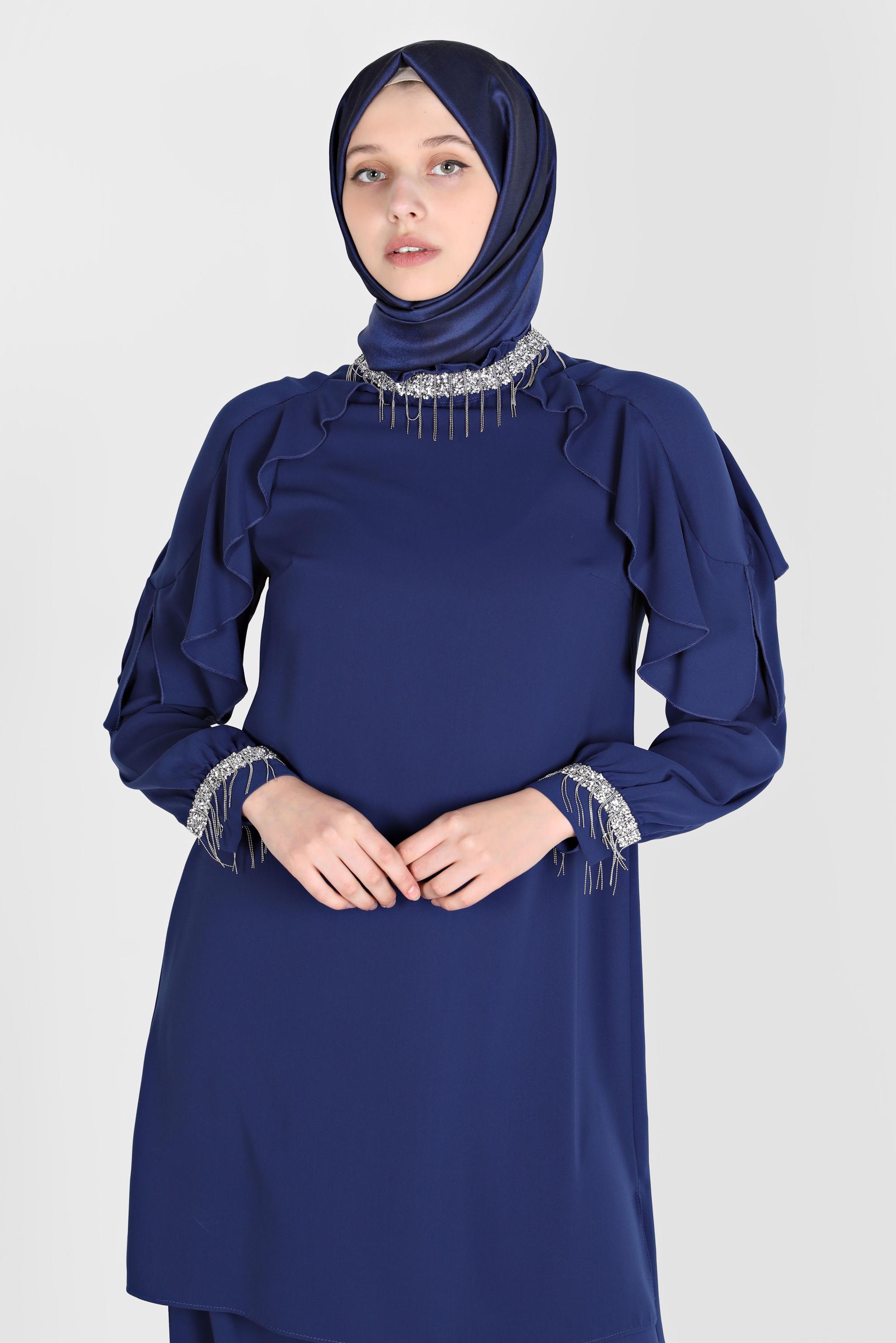 Tesettür giyim LACİVERT PÜSKÜL DETAYLI VOLANLI İKİLİ PANT. TAKIM 30259 