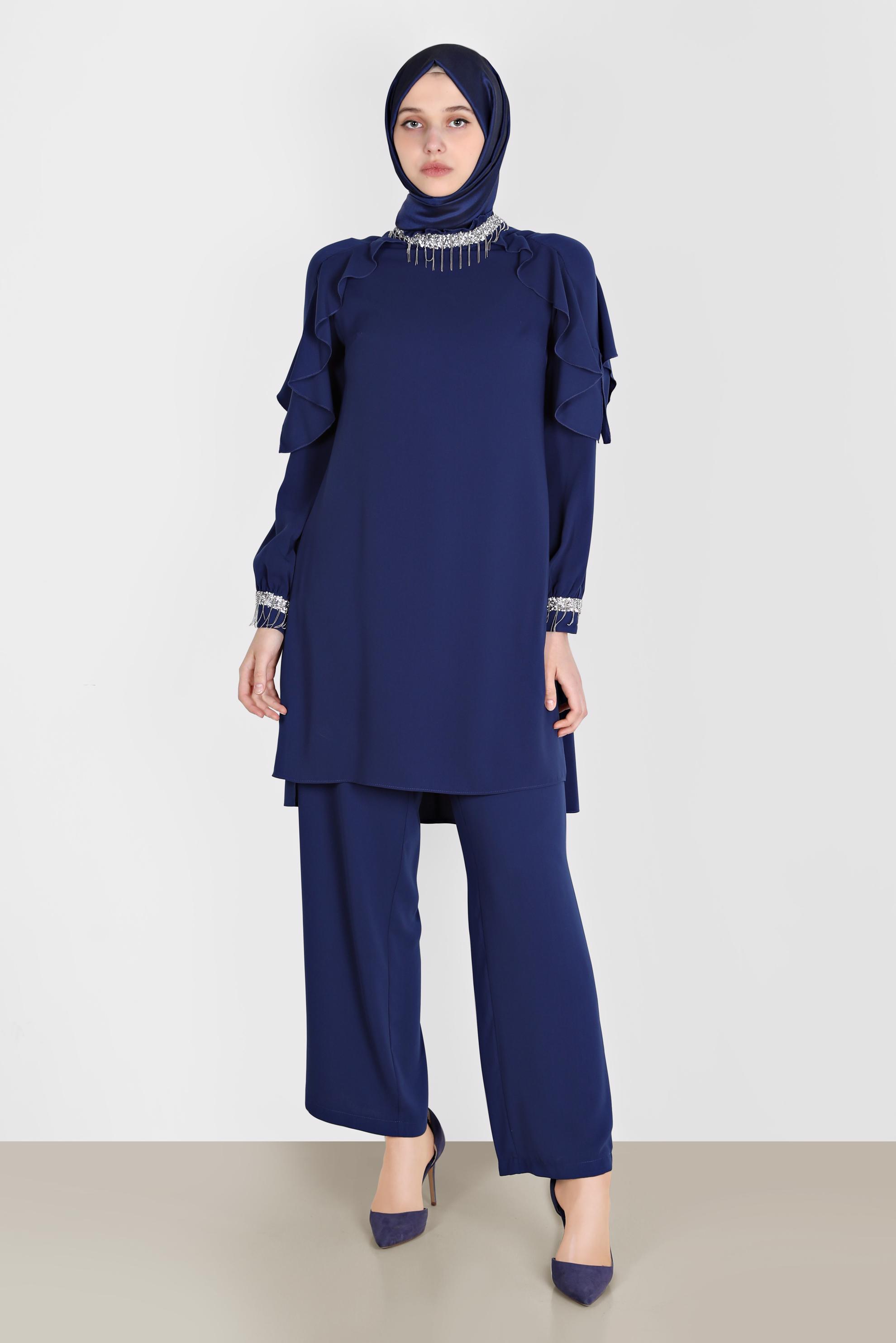 Tesettür giyim LACİVERT PÜSKÜL DETAYLI VOLANLI İKİLİ PANT. TAKIM 30259 