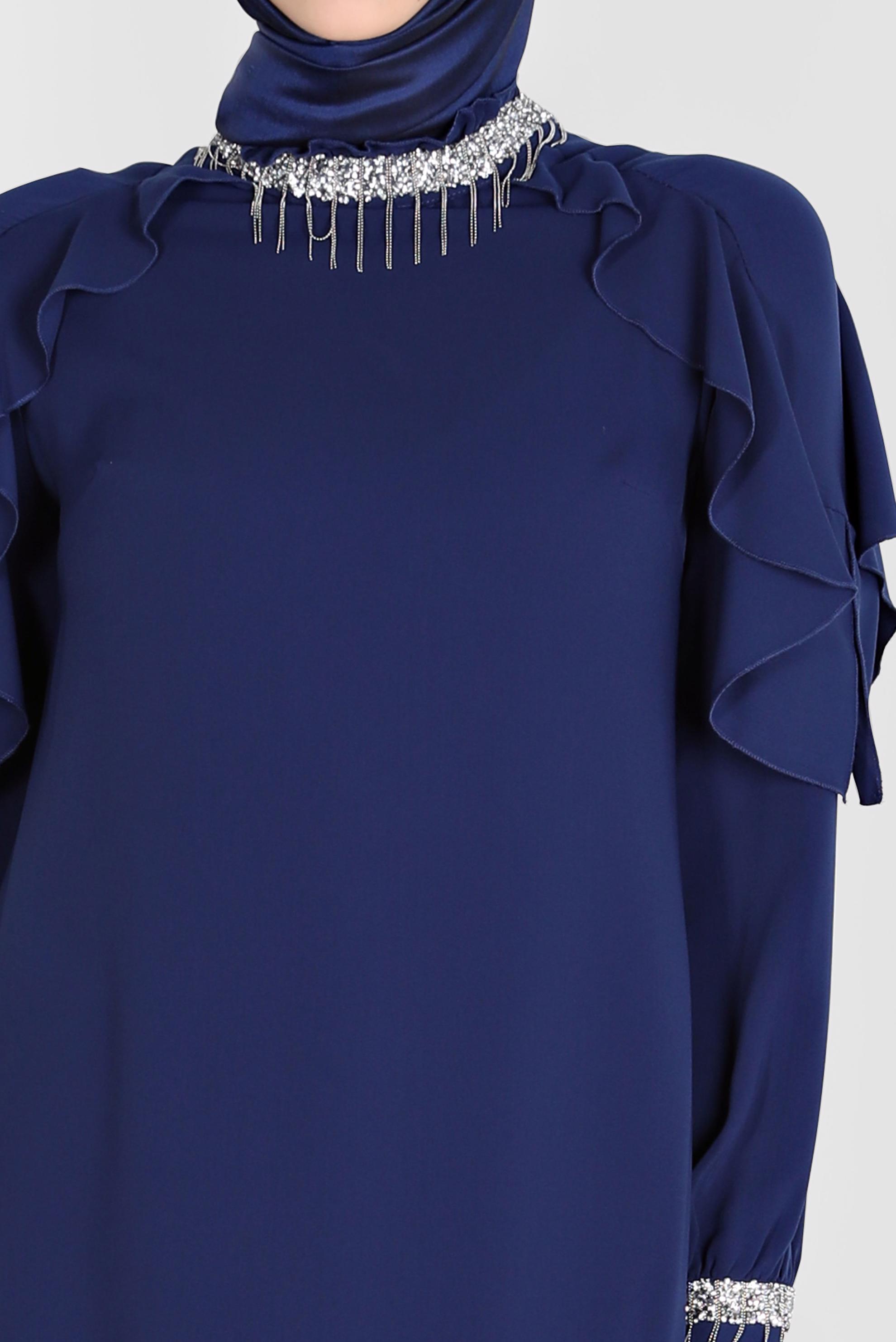 Tesettür giyim LACİVERT PÜSKÜL DETAYLI VOLANLI İKİLİ PANT. TAKIM 30259 