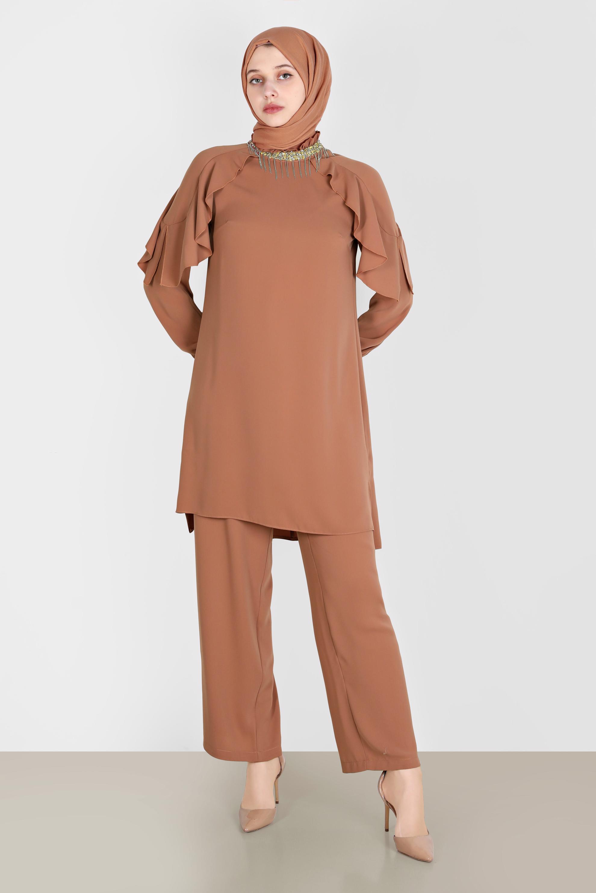 Tesettür giyim KAHVE PÜSKÜL DETAYLI VOLANLI İKİLİ PANT. TAKIM 30259 