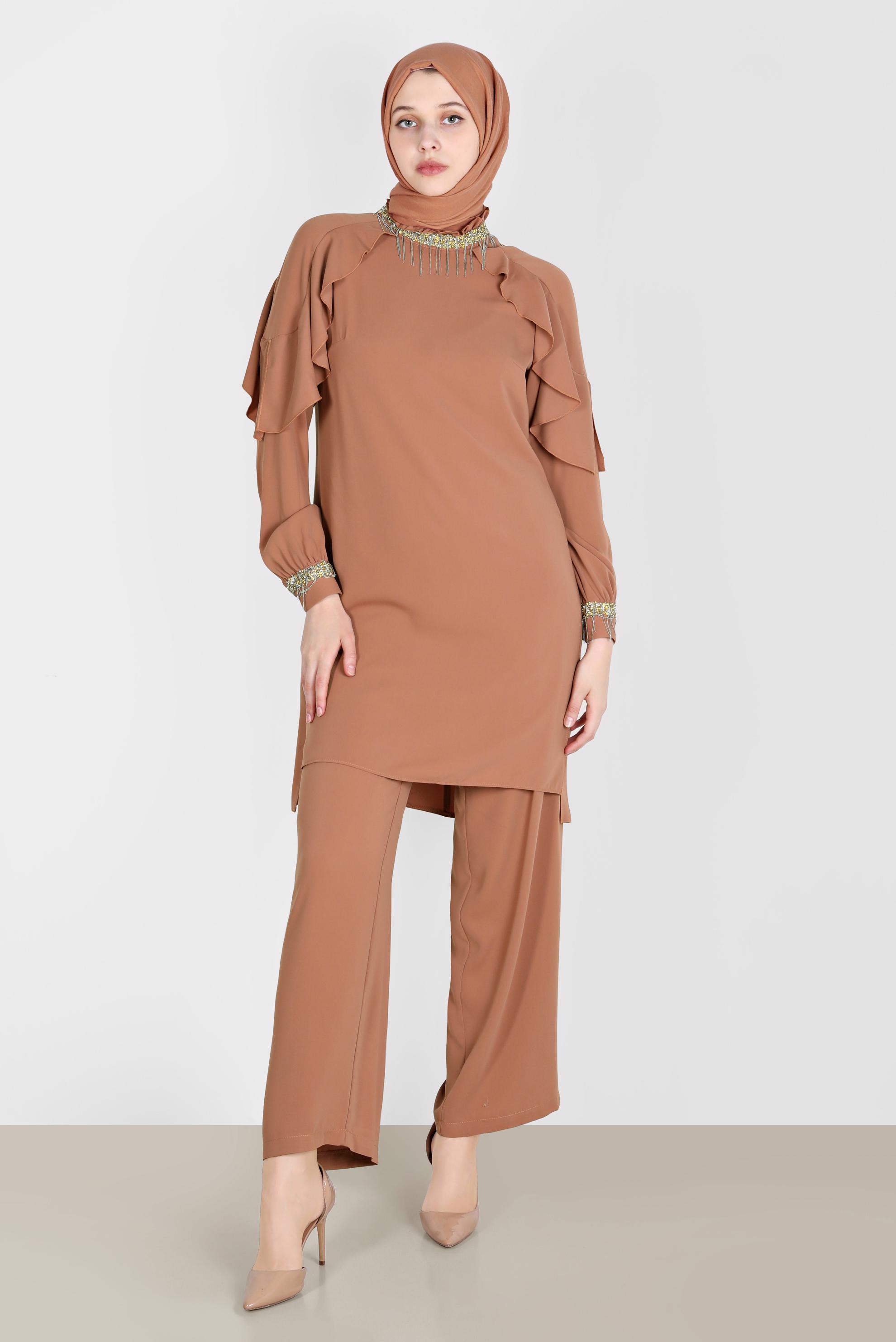 Tesettür giyim KAHVE PÜSKÜL DETAYLI VOLANLI İKİLİ PANT. TAKIM 30259 