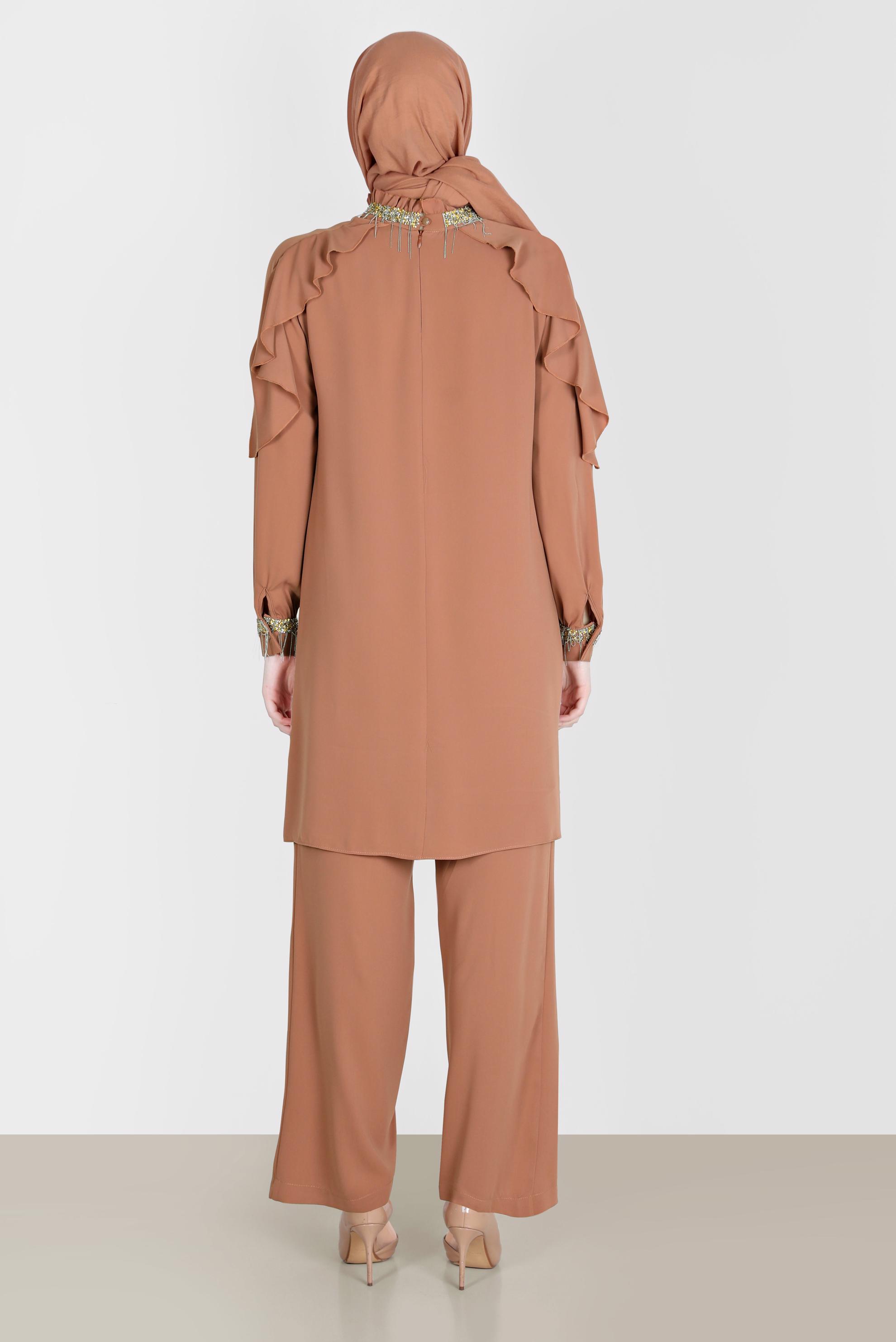 Tesettür giyim KAHVE PÜSKÜL DETAYLI VOLANLI İKİLİ PANT. TAKIM 30259 