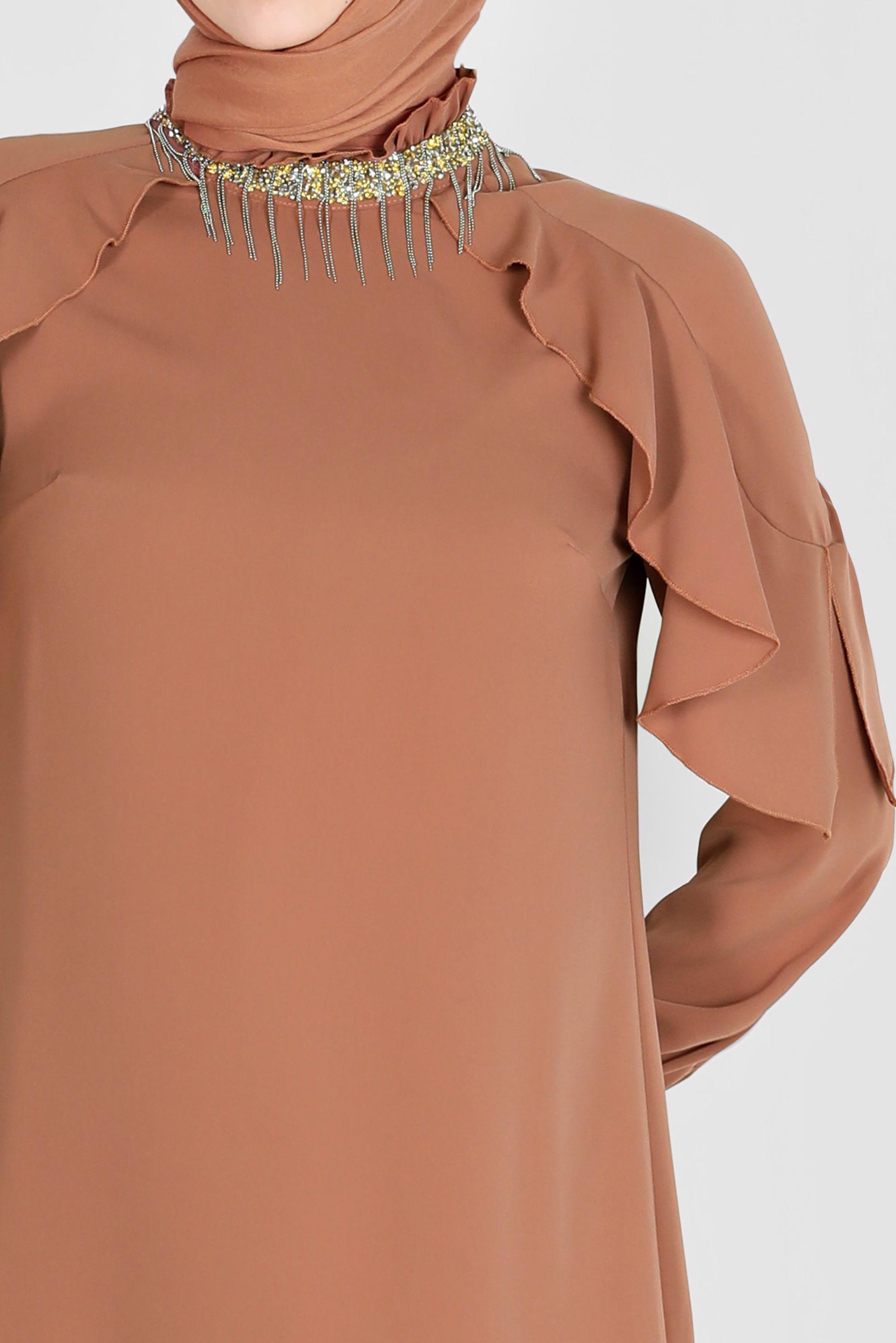 Tesettür giyim KAHVE PÜSKÜL DETAYLI VOLANLI İKİLİ PANT. TAKIM 30259 