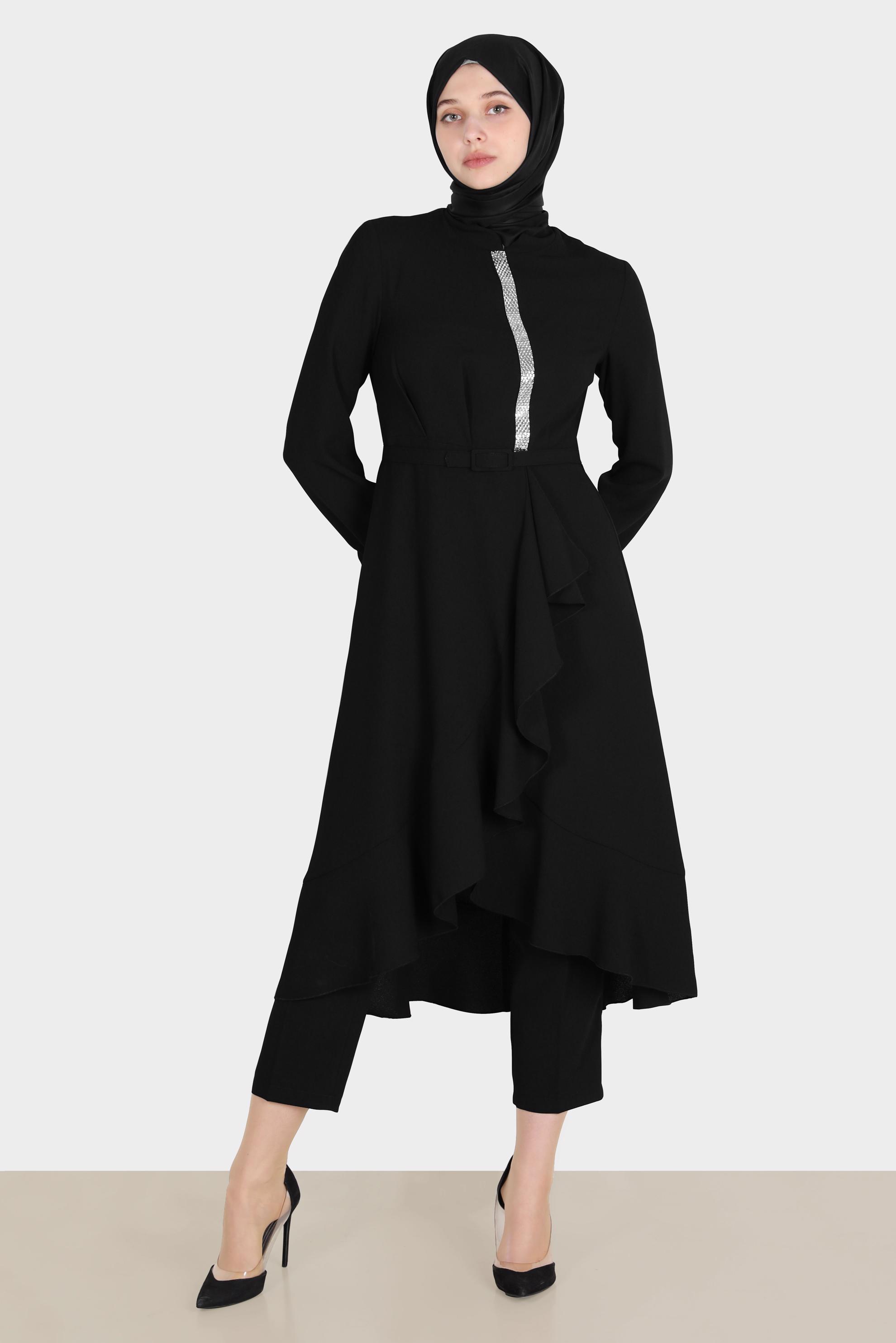 Tesettür giyim SİYAH TAŞ DETAYLI PANTOLUNLU TAKIM 30260