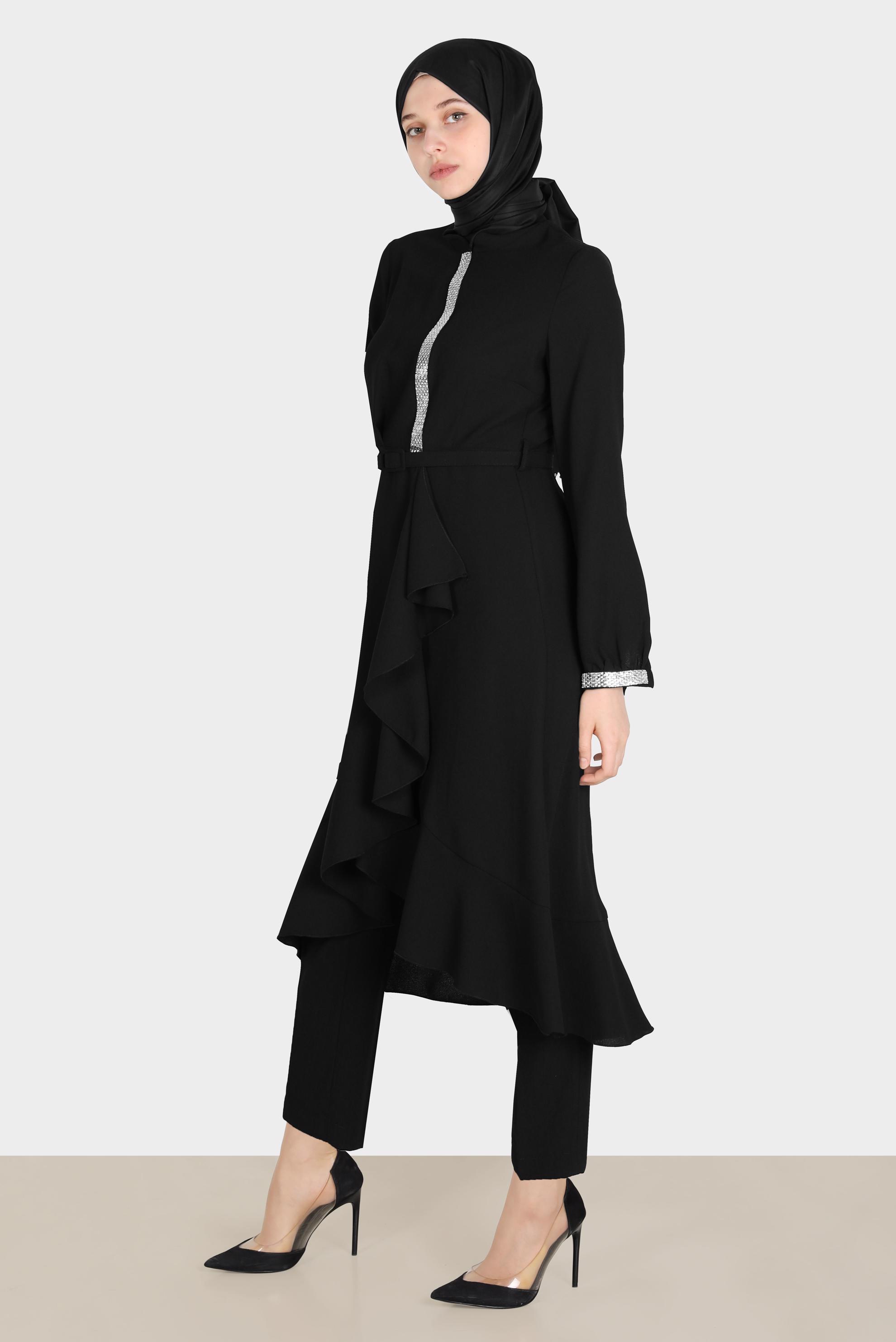 Tesettür giyim SİYAH TAŞ DETAYLI PANTOLUNLU TAKIM 30260