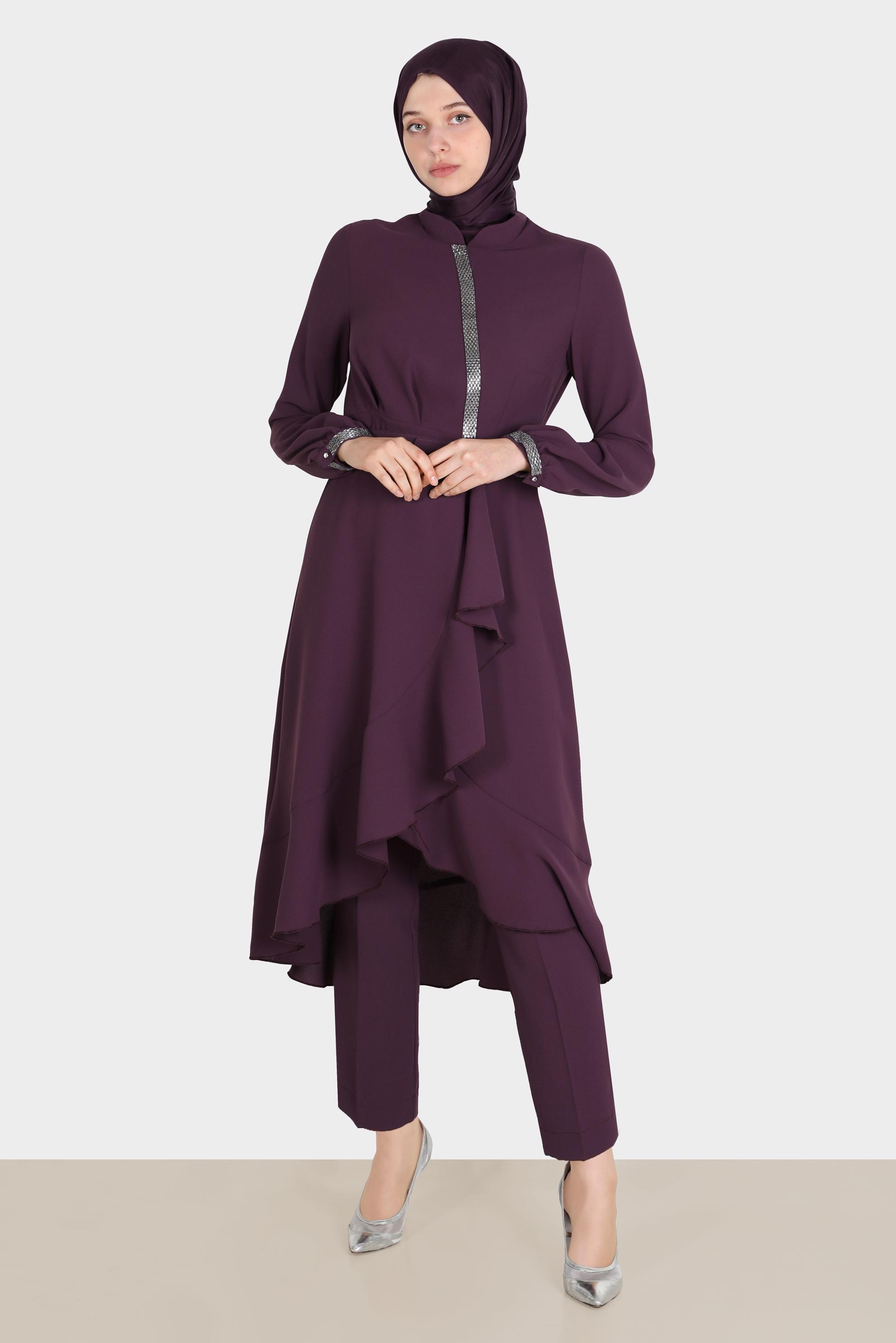 Tesettür giyim MOR TAŞ DETAYLI PANTOLUNLU TAKIM 30260