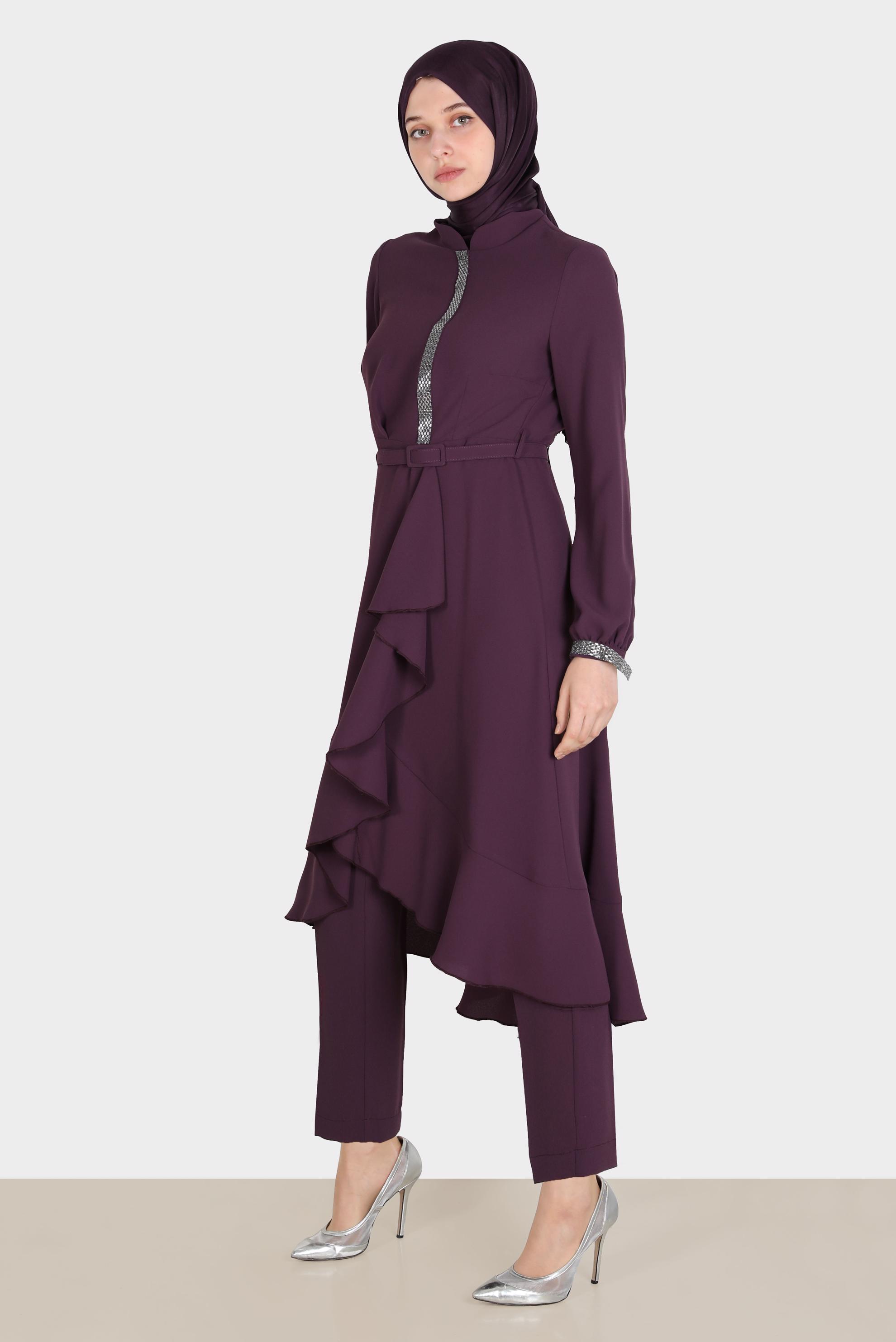 Tesettür giyim MOR TAŞ DETAYLI PANTOLUNLU TAKIM 30260