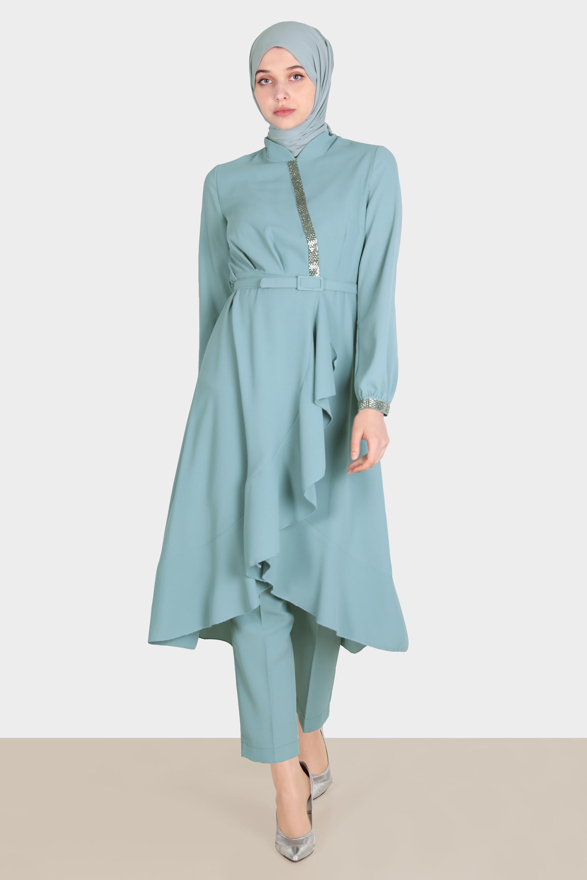 Tesettür giyim MAVİ TAŞ DETAYLI PANTOLUNLU TAKIM 30260