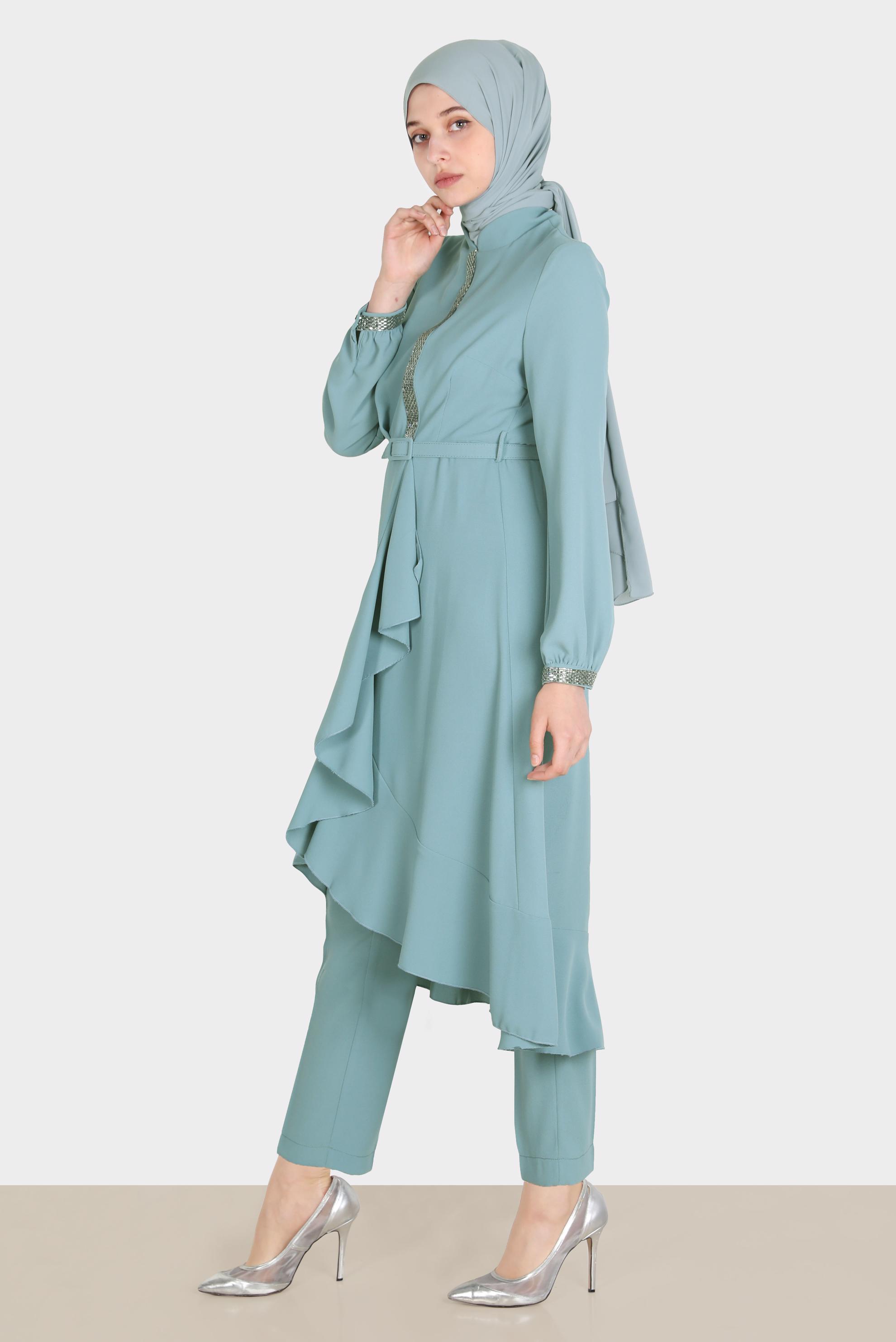 Tesettür giyim MAVİ TAŞ DETAYLI PANTOLUNLU TAKIM 30260