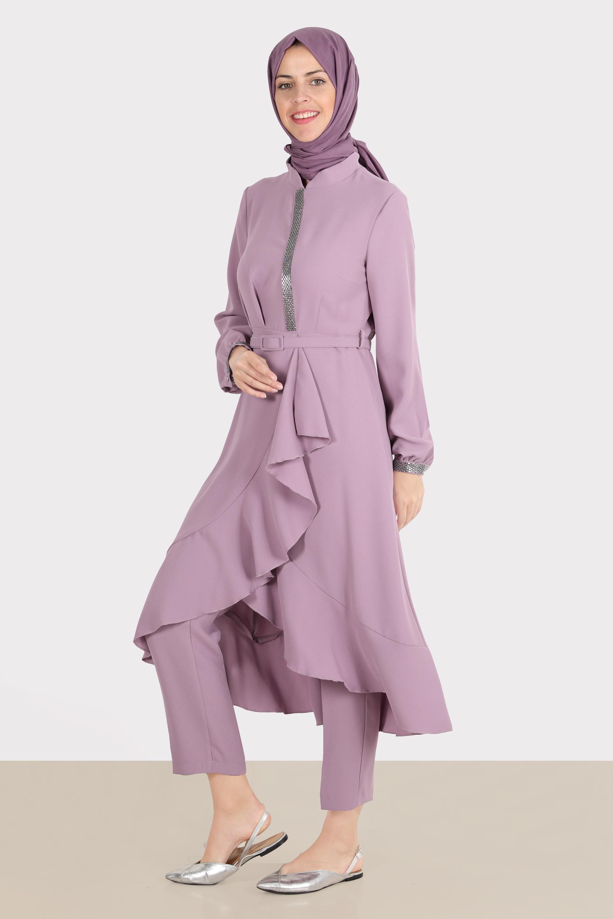 Tesettür giyim PUDRA TAŞ DETAYLI PANTOLUNLU TAKIM 30260