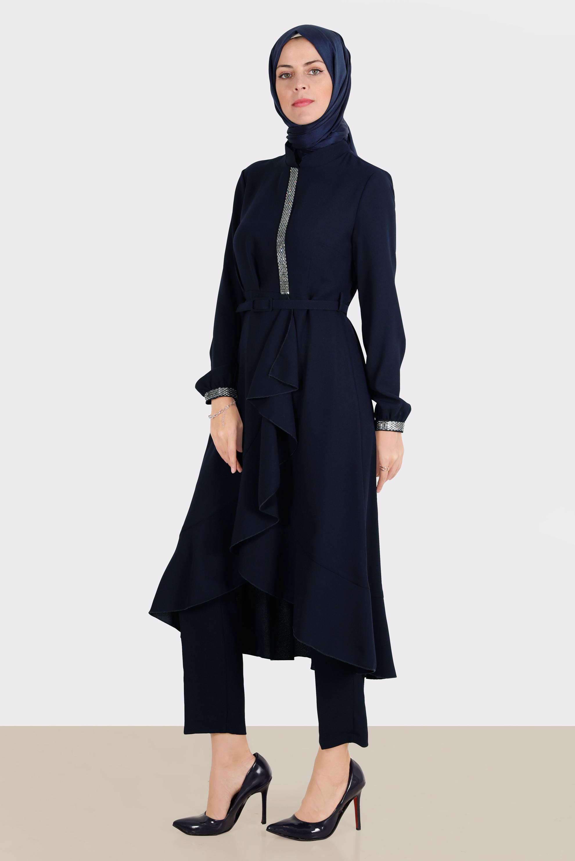 Tesettür giyim LACİVERT TAŞ DETAYLI PANTOLUNLU TAKIM 30260