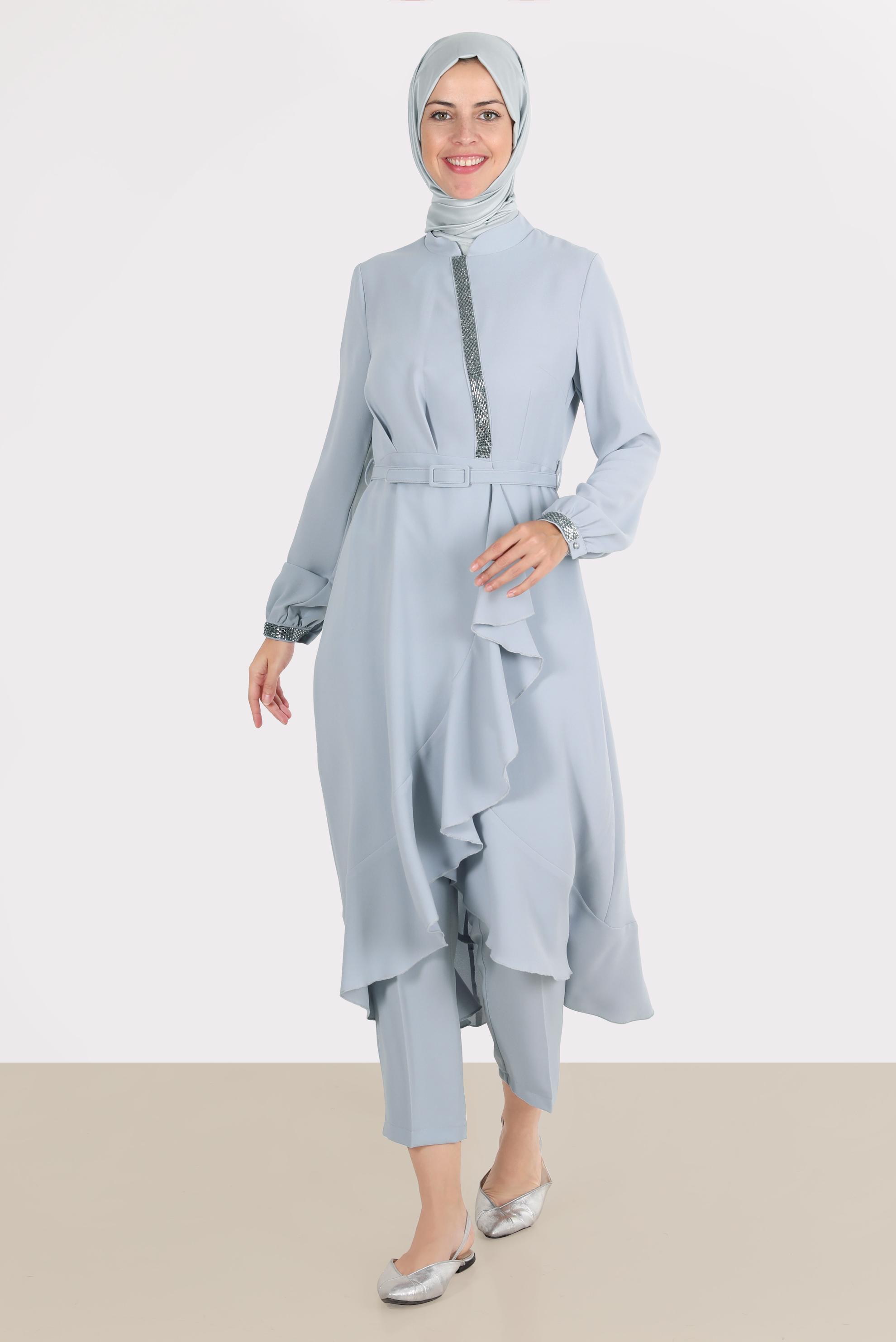 Tesettür giyim GÜMÜŞ TAŞ DETAYLI PANTOLUNLU TAKIM 30260