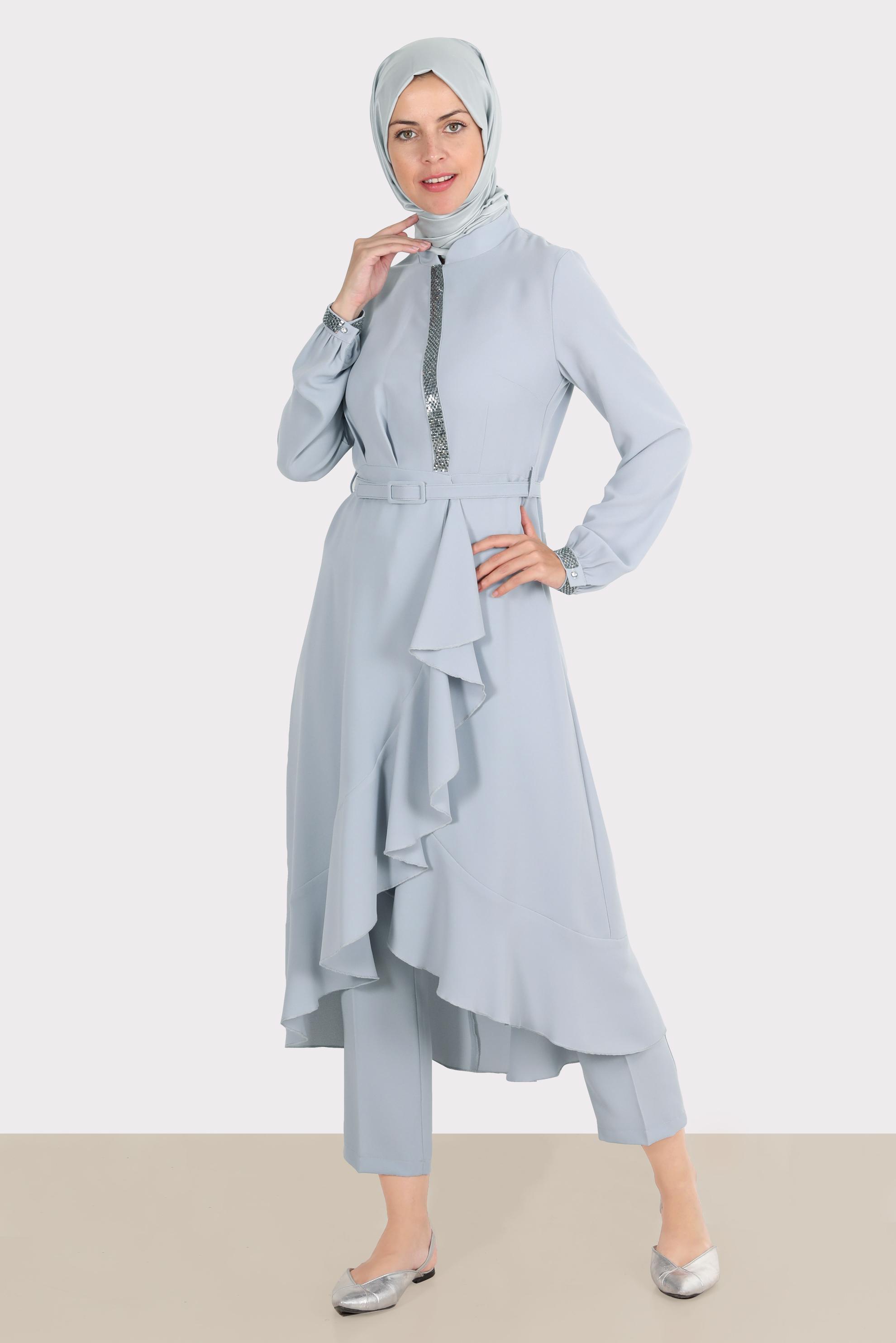 Tesettür giyim GÜMÜŞ TAŞ DETAYLI PANTOLUNLU TAKIM 30260