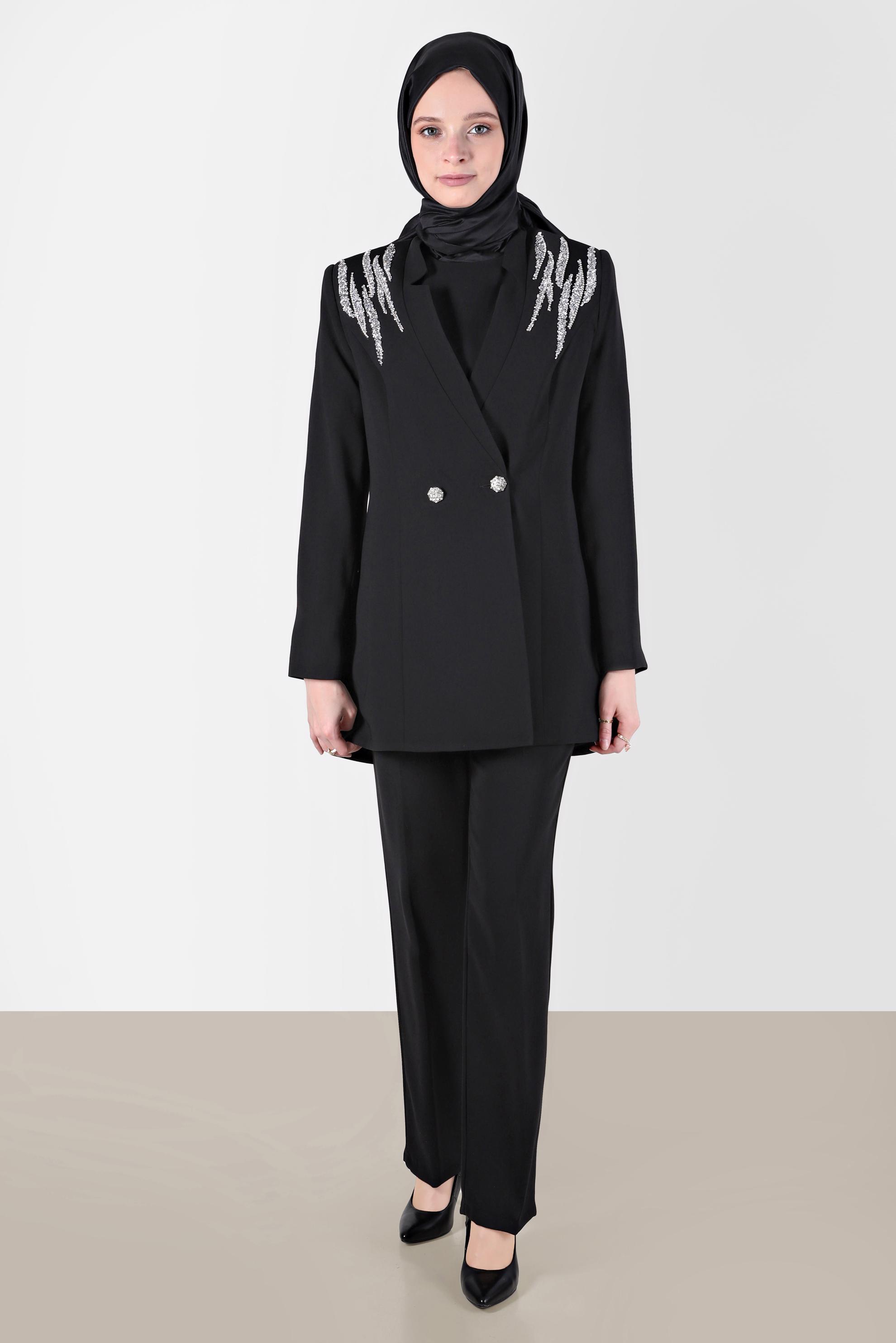 Tesettür giyim SİYAH OMUZLARI TAŞ DETAYLI ÜÇLÜ PANT. TAKIM 30261 