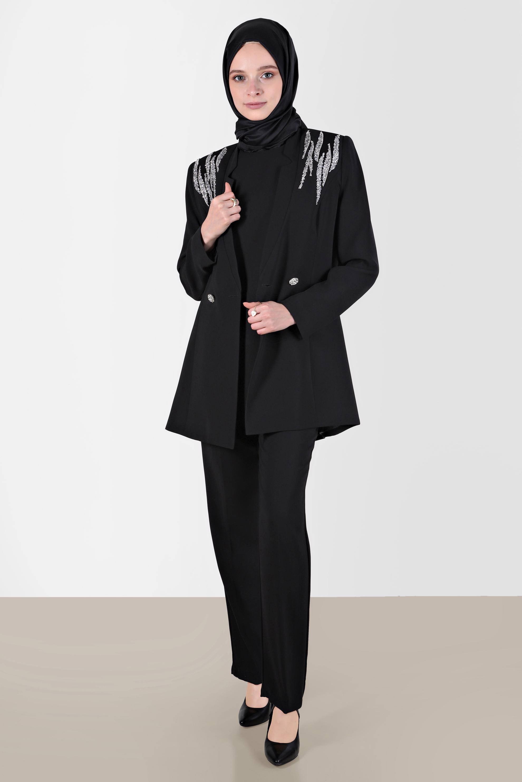 Tesettür giyim SİYAH OMUZLARI TAŞ DETAYLI ÜÇLÜ PANT. TAKIM 30261 