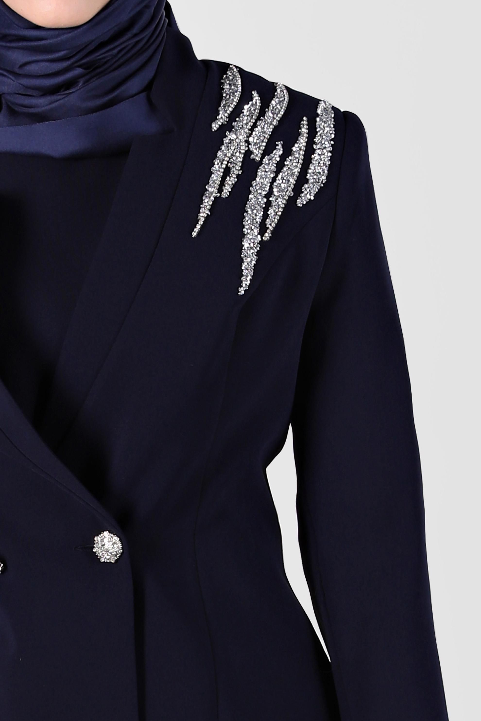 Tesettür giyim LACİVERT OMUZLARI TAŞ DETAYLI ÜÇLÜ PANT. TAKIM 30261 