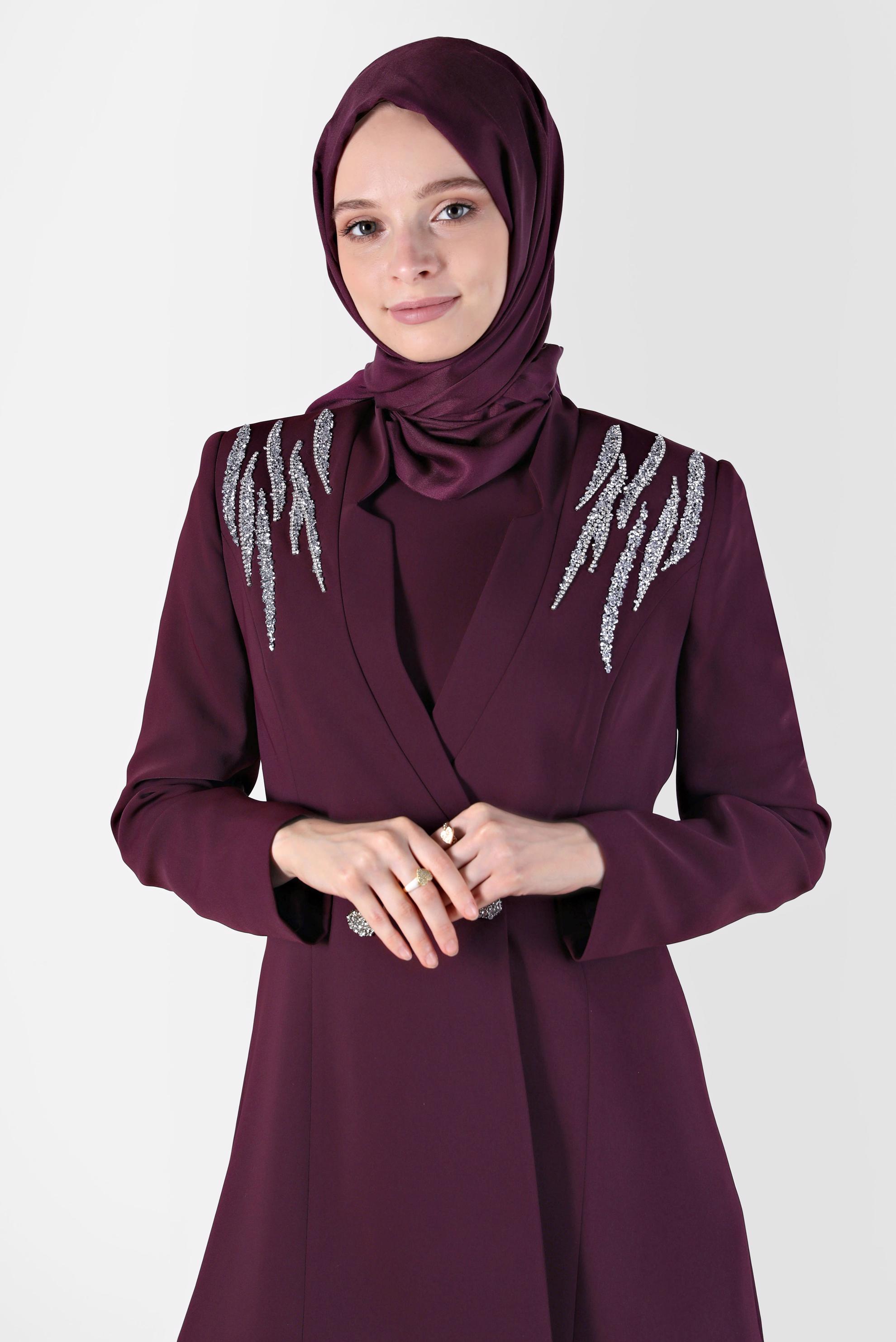 Tesettür giyim BORDO OMUZLARI TAŞ DETAYLI ÜÇLÜ PANT. TAKIM 30261 