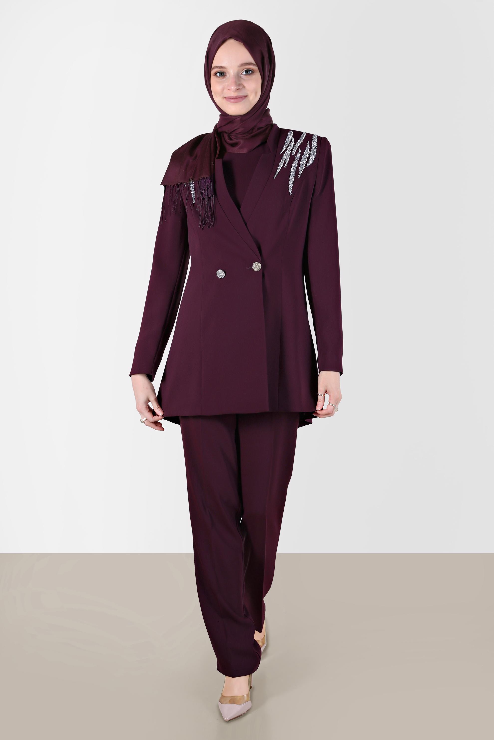 Tesettür giyim BORDO OMUZLARI TAŞ DETAYLI ÜÇLÜ PANT. TAKIM 30261 