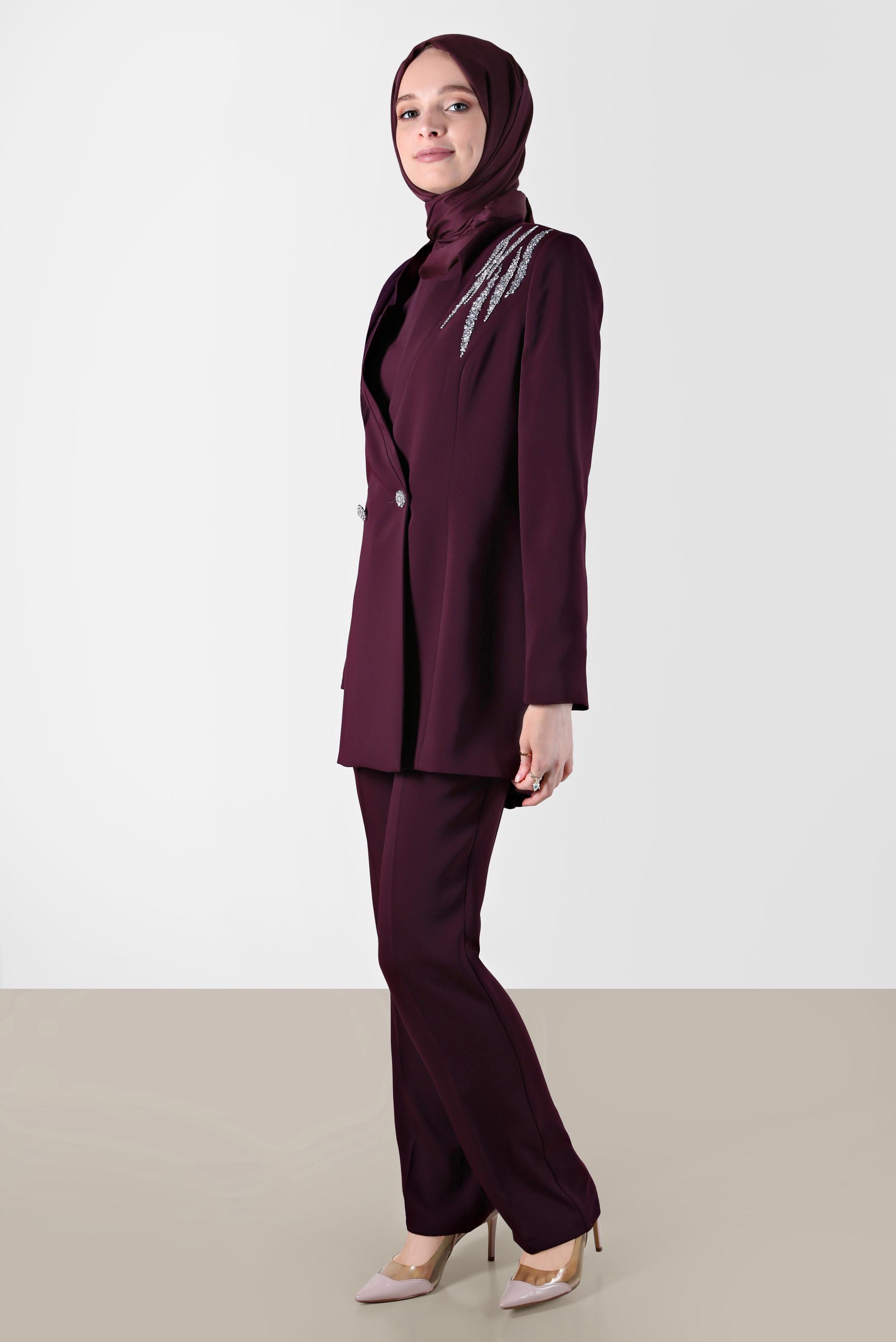 Tesettür giyim BORDO OMUZLARI TAŞ DETAYLI ÜÇLÜ PANT. TAKIM 30261 