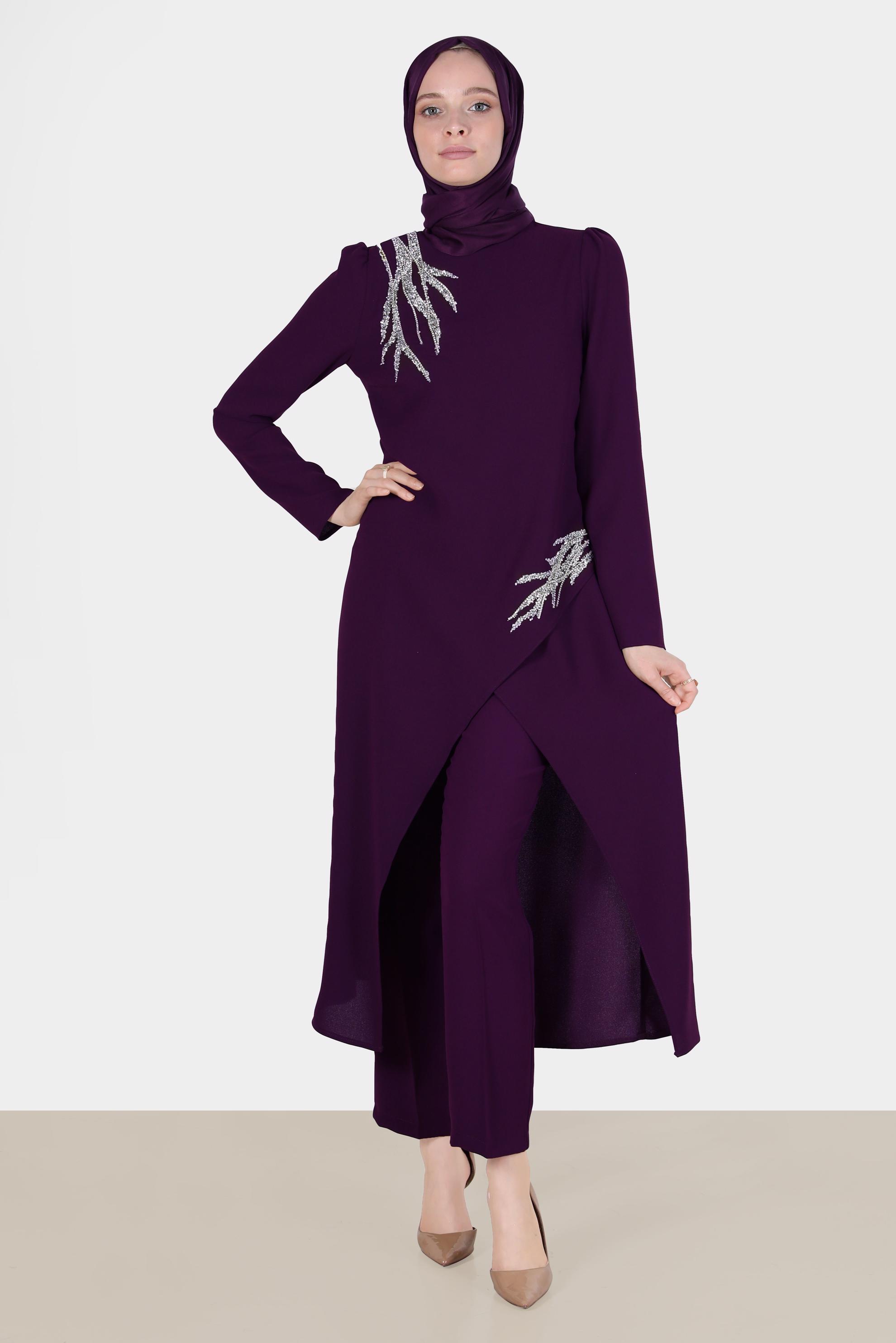 Tesettür giyim MÜRDÜM TAŞ DETAYLI İKİLİ PANTOLONLU TAKIM 30262