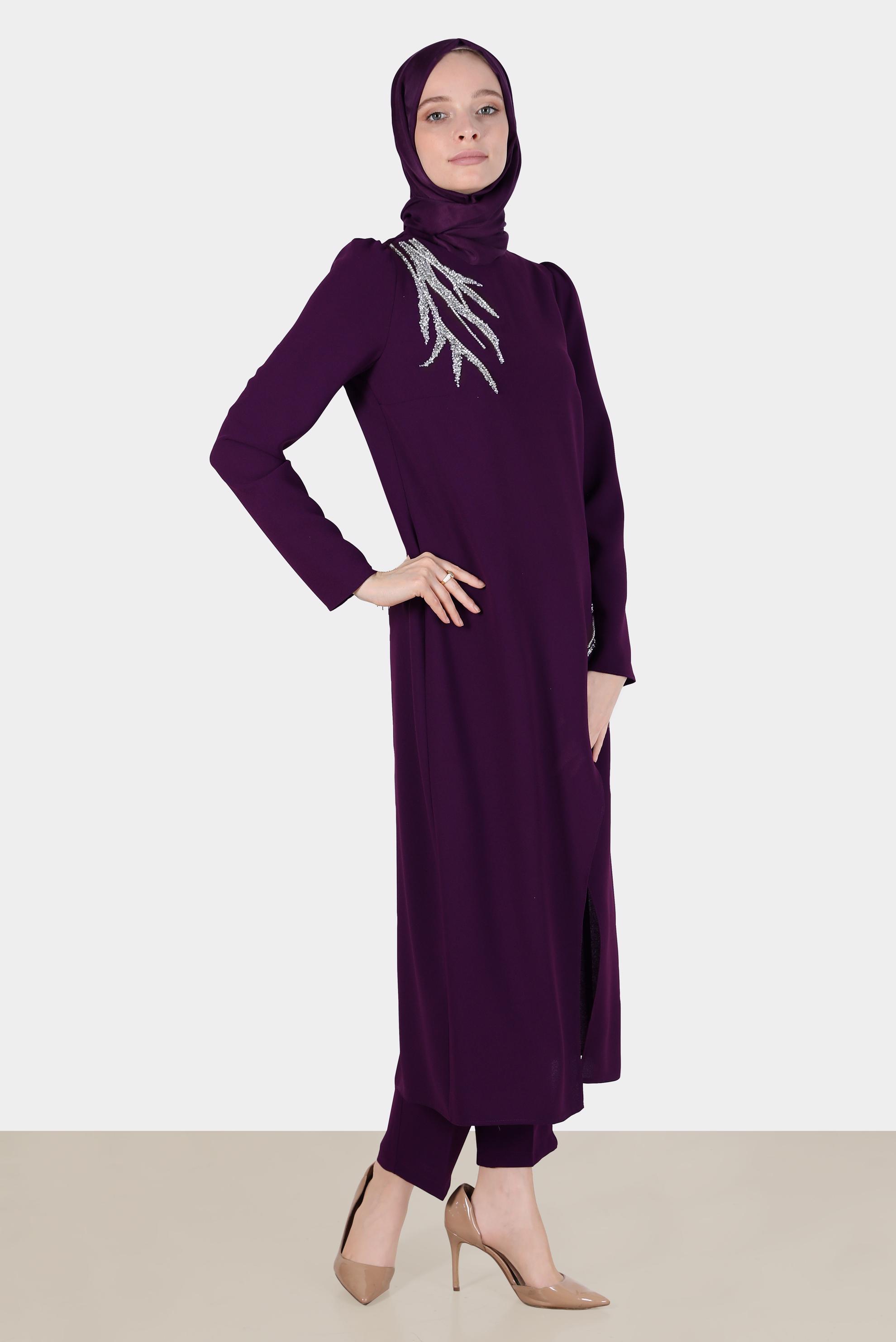 Tesettür giyim MÜRDÜM TAŞ DETAYLI İKİLİ PANTOLONLU TAKIM 30262