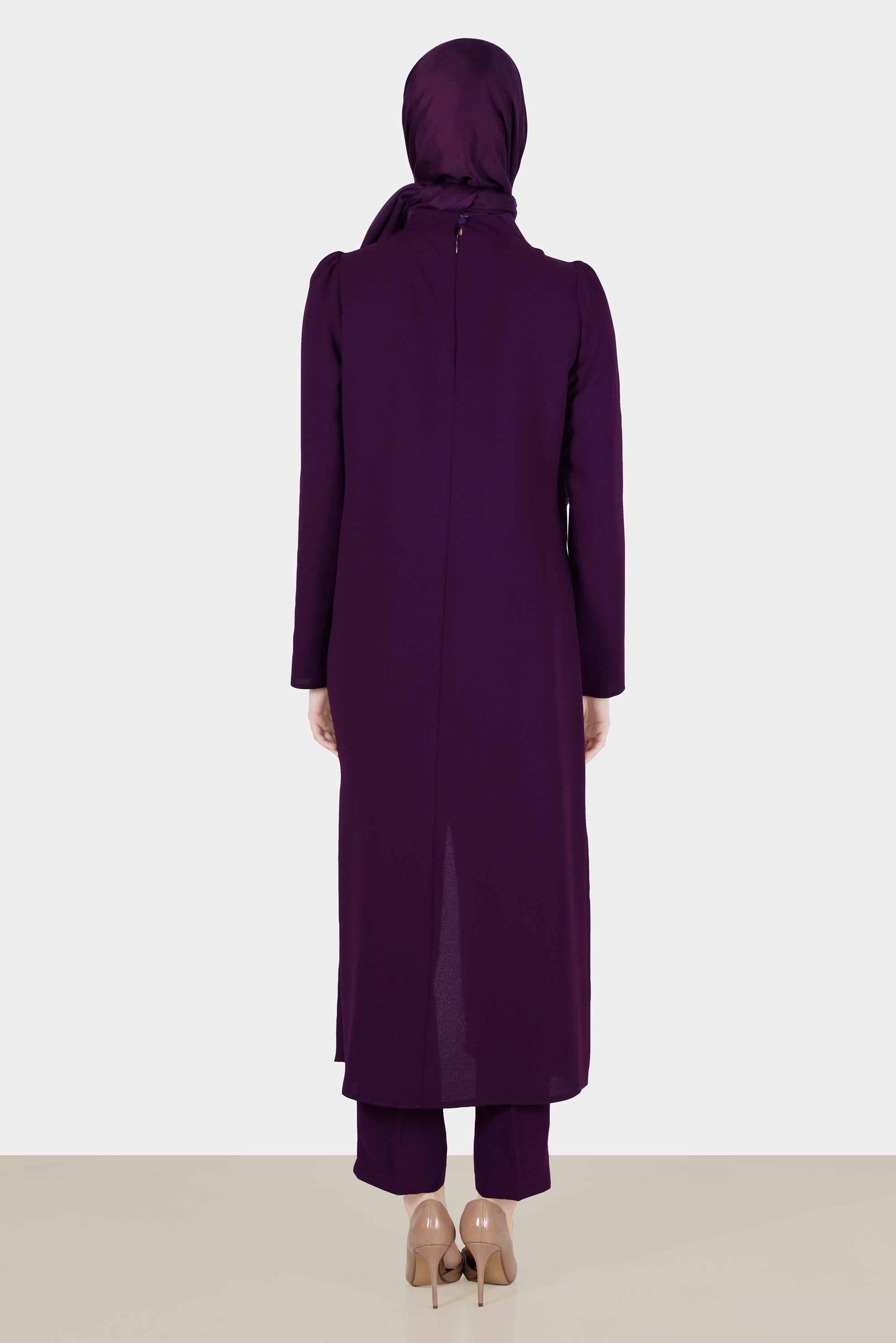 Tesettür giyim MÜRDÜM TAŞ DETAYLI İKİLİ PANTOLONLU TAKIM 30262