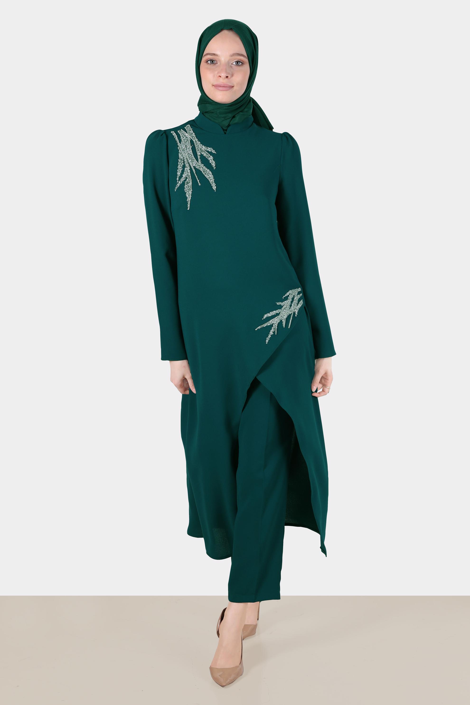 Tesettür giyim YEŞİL TAŞ DETAYLI İKİLİ PANTOLONLU TAKIM 30262