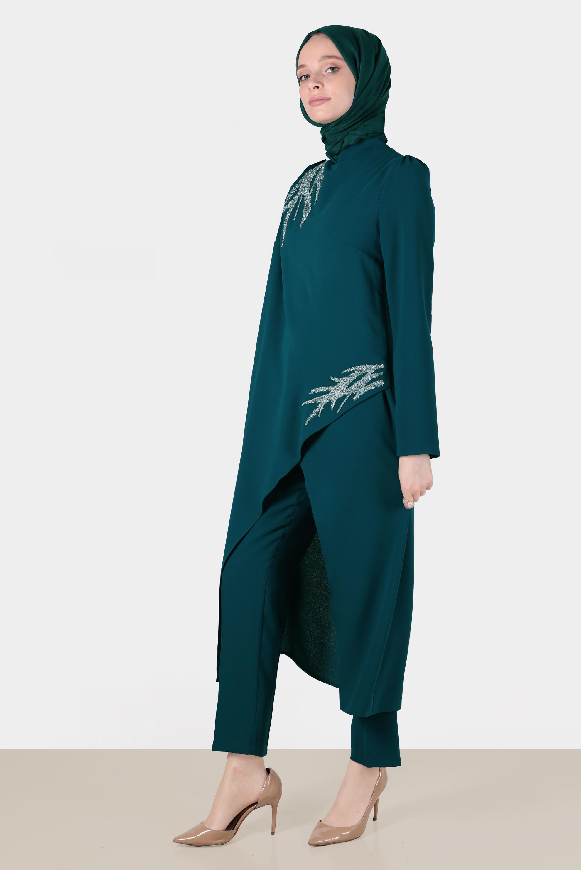 Tesettür giyim YEŞİL TAŞ DETAYLI İKİLİ PANTOLONLU TAKIM 30262