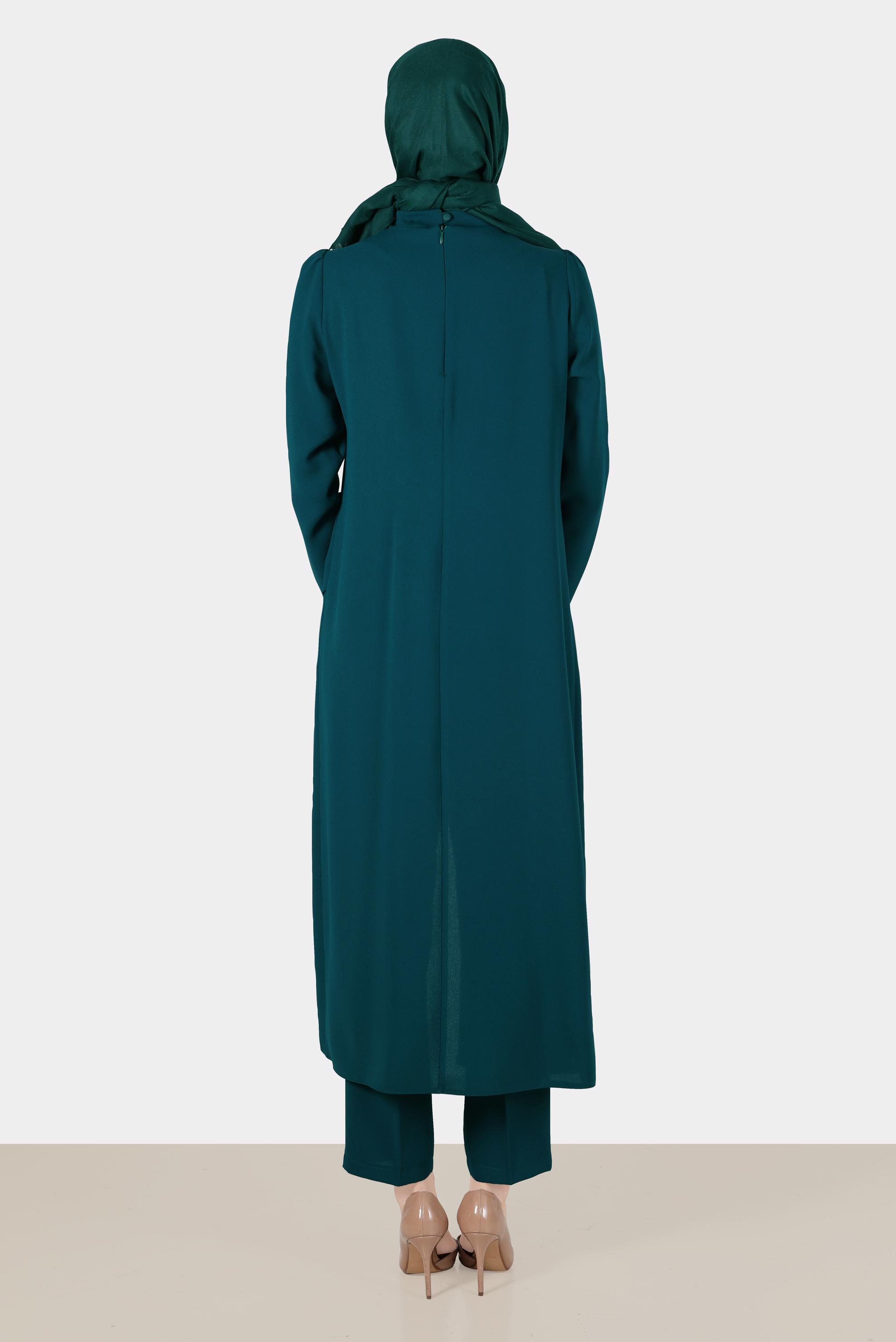 Tesettür giyim YEŞİL TAŞ DETAYLI İKİLİ PANTOLONLU TAKIM 30262