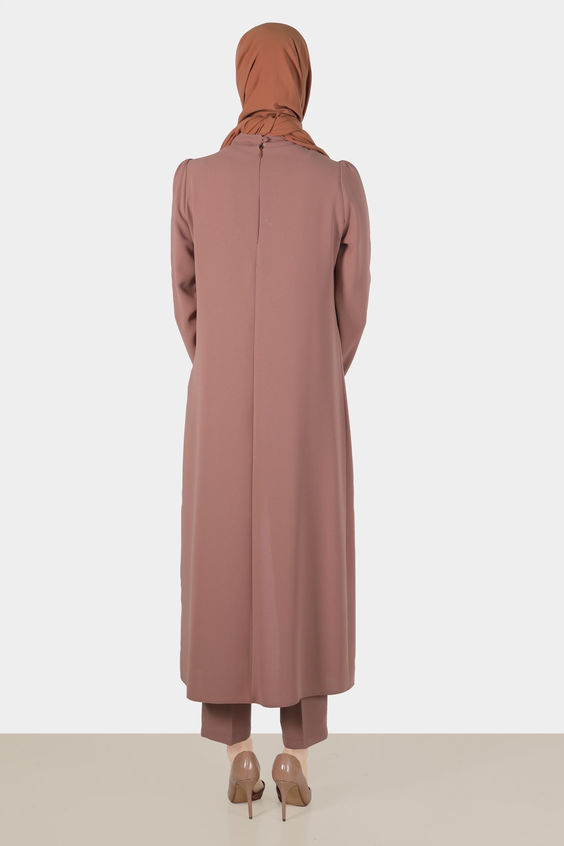 Tesettür giyim KAHVE TAŞ DETAYLI İKİLİ PANTOLONLU TAKIM 30262