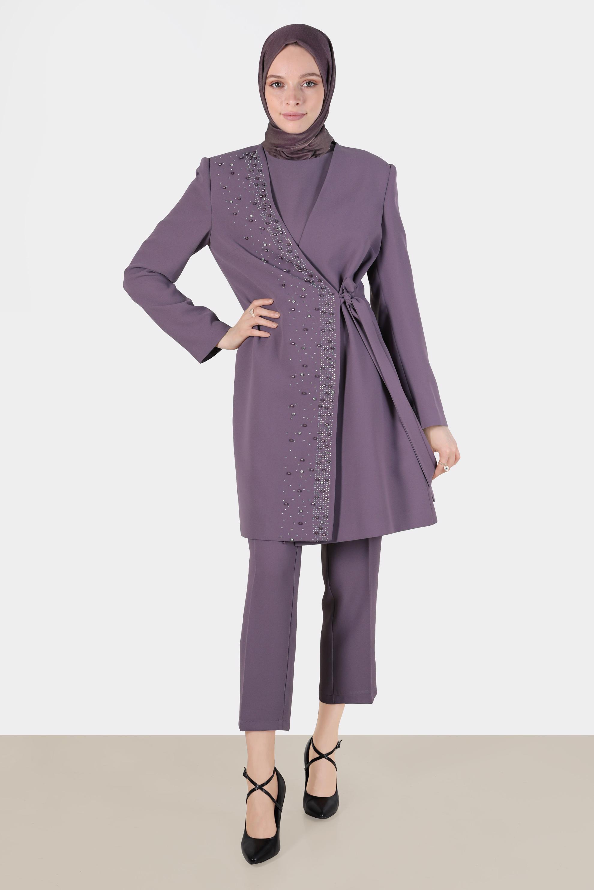 Tesettür giyim MOR TAŞLI BONCUKLU YANDAN BAĞLAMALI ÜÇLÜ PANT. TAKIM 30263 