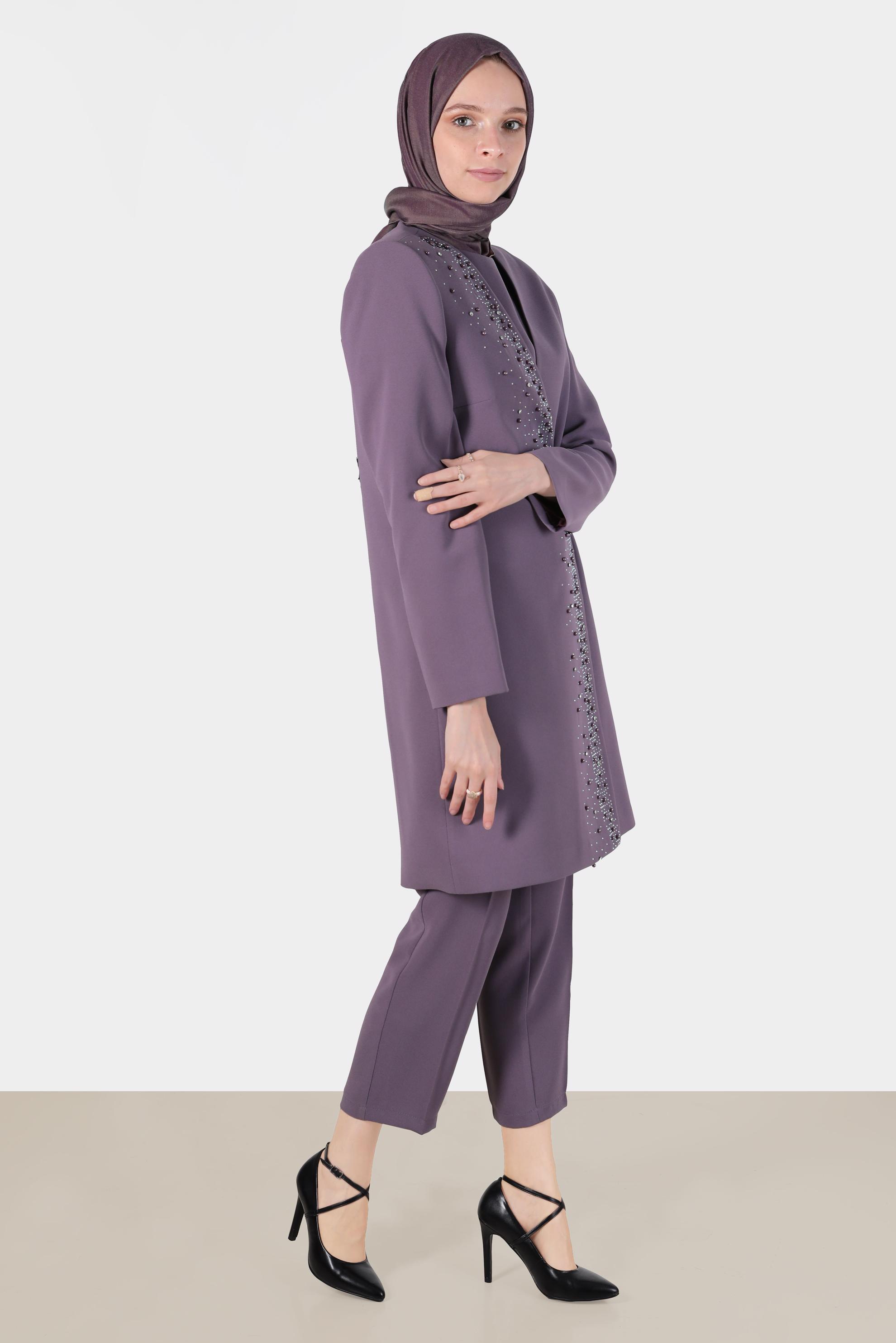 Tesettür giyim MOR TAŞLI BONCUKLU YANDAN BAĞLAMALI ÜÇLÜ PANT. TAKIM 30263 
