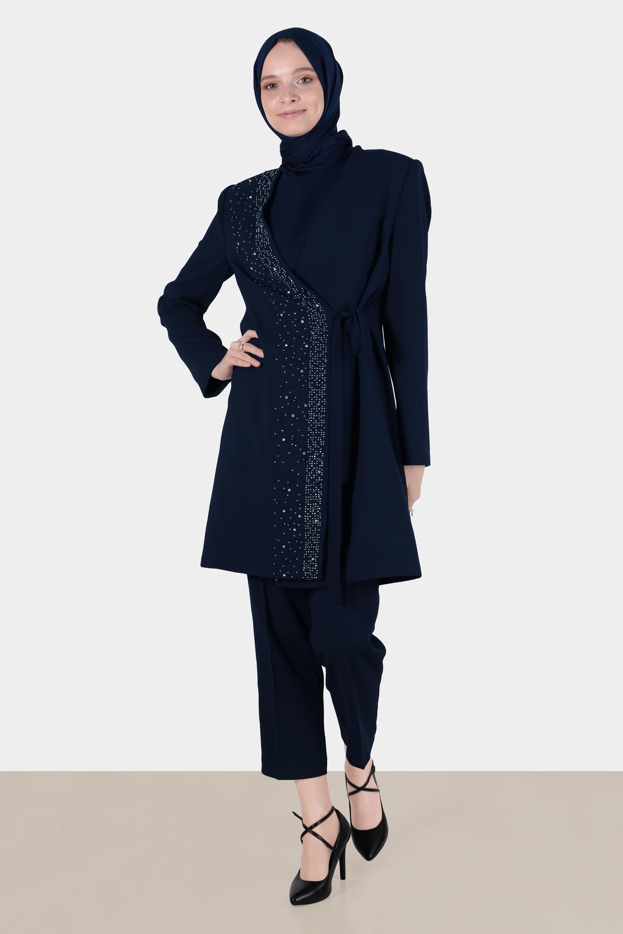 Tesettür giyim LACİVERT TAŞLI BONCUKLU YANDAN BAĞLAMALI ÜÇLÜ PANT. TAKIM 30263 
