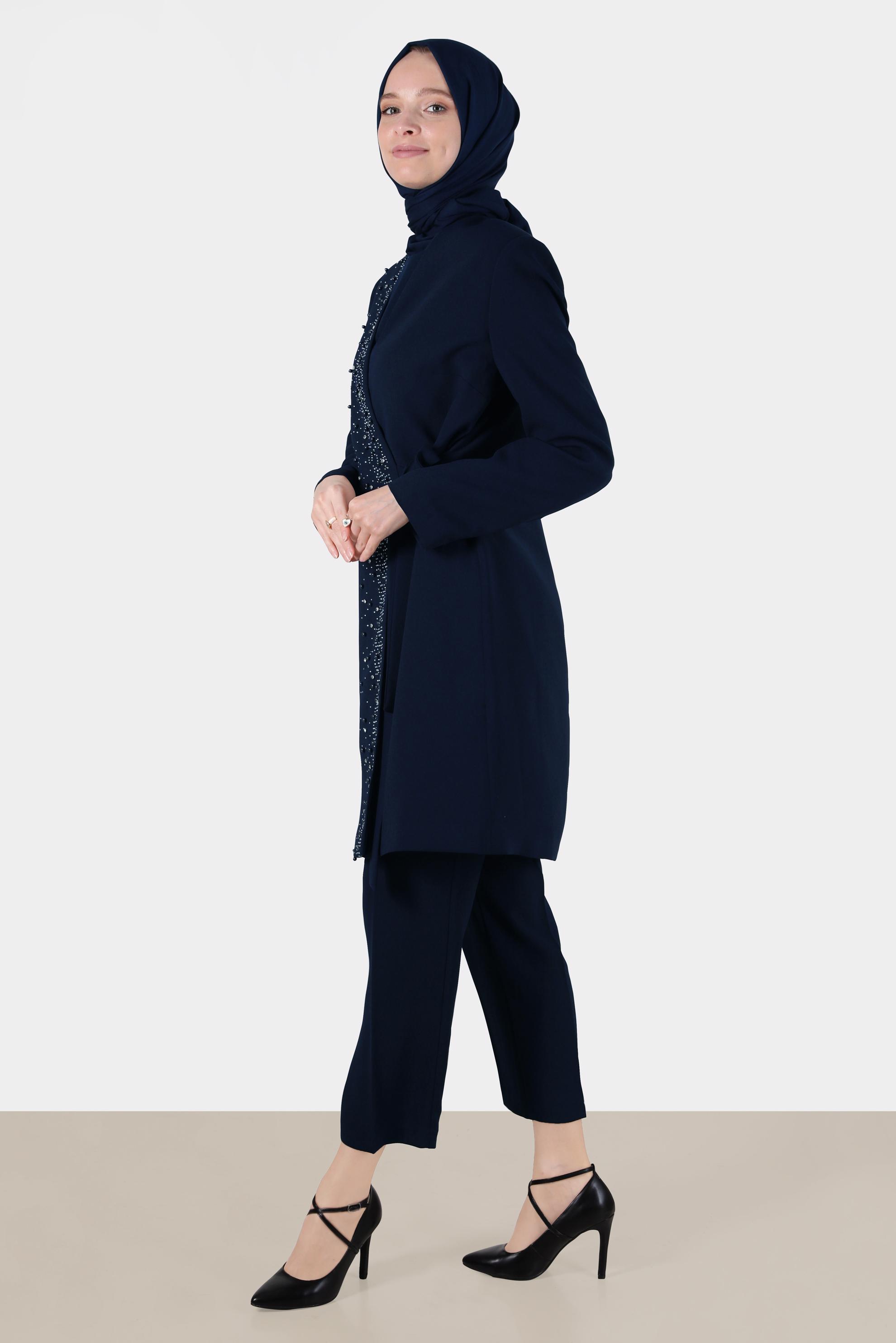 Tesettür giyim LACİVERT TAŞLI BONCUKLU YANDAN BAĞLAMALI ÜÇLÜ PANT. TAKIM 30263 