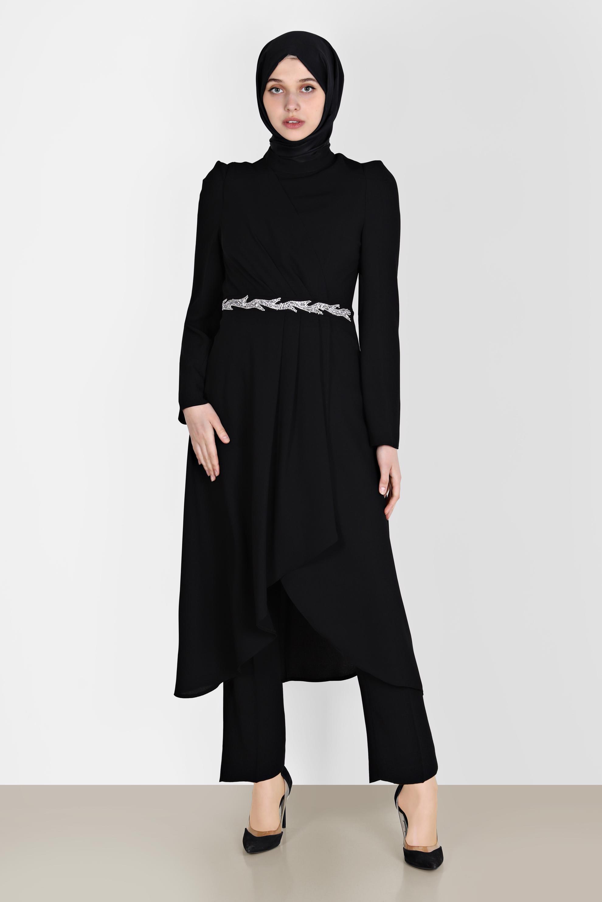 Tesettür giyim SİYAH  BELİ TAŞ DETAYLI İKİLİ PANT. TAKIM 30264