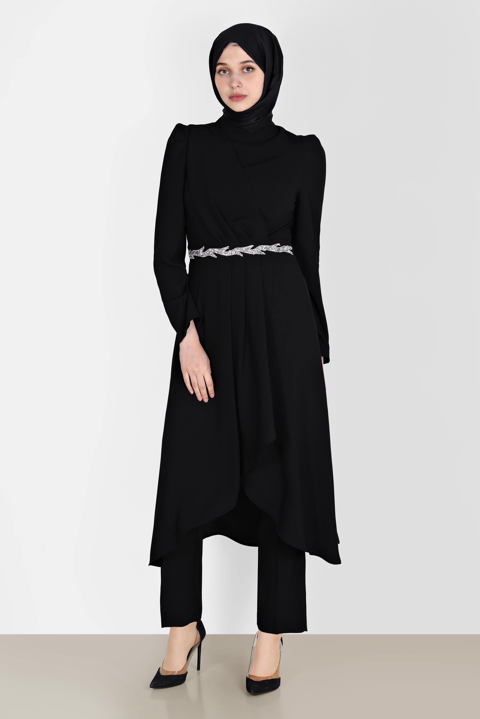 Tesettür giyim SİYAH  BELİ TAŞ DETAYLI İKİLİ PANT. TAKIM 30264