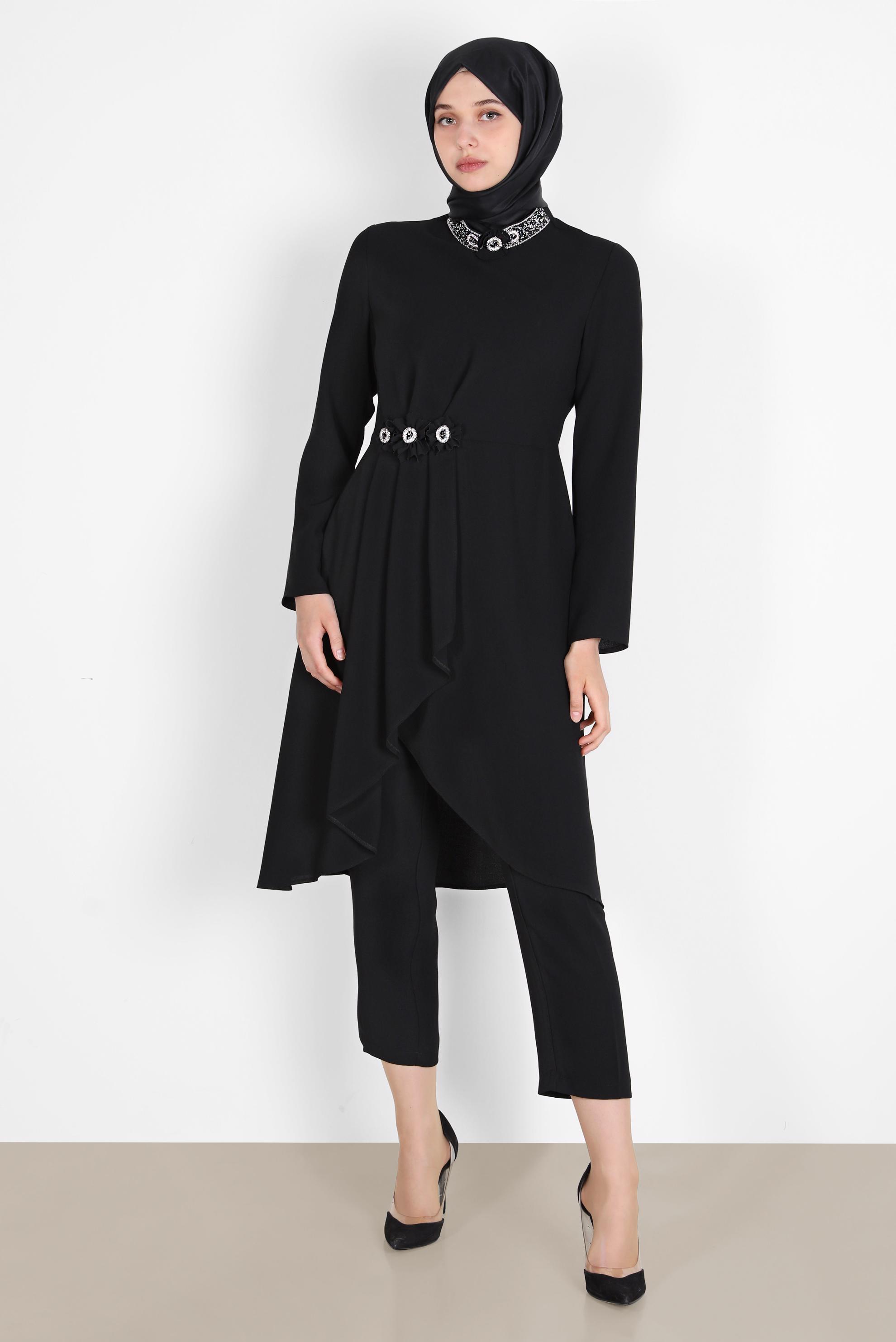 Tesettür giyim SİYAH TAŞLI ÇİÇEK DETAYLI İKİLİ PANT. TAKIM 30265 