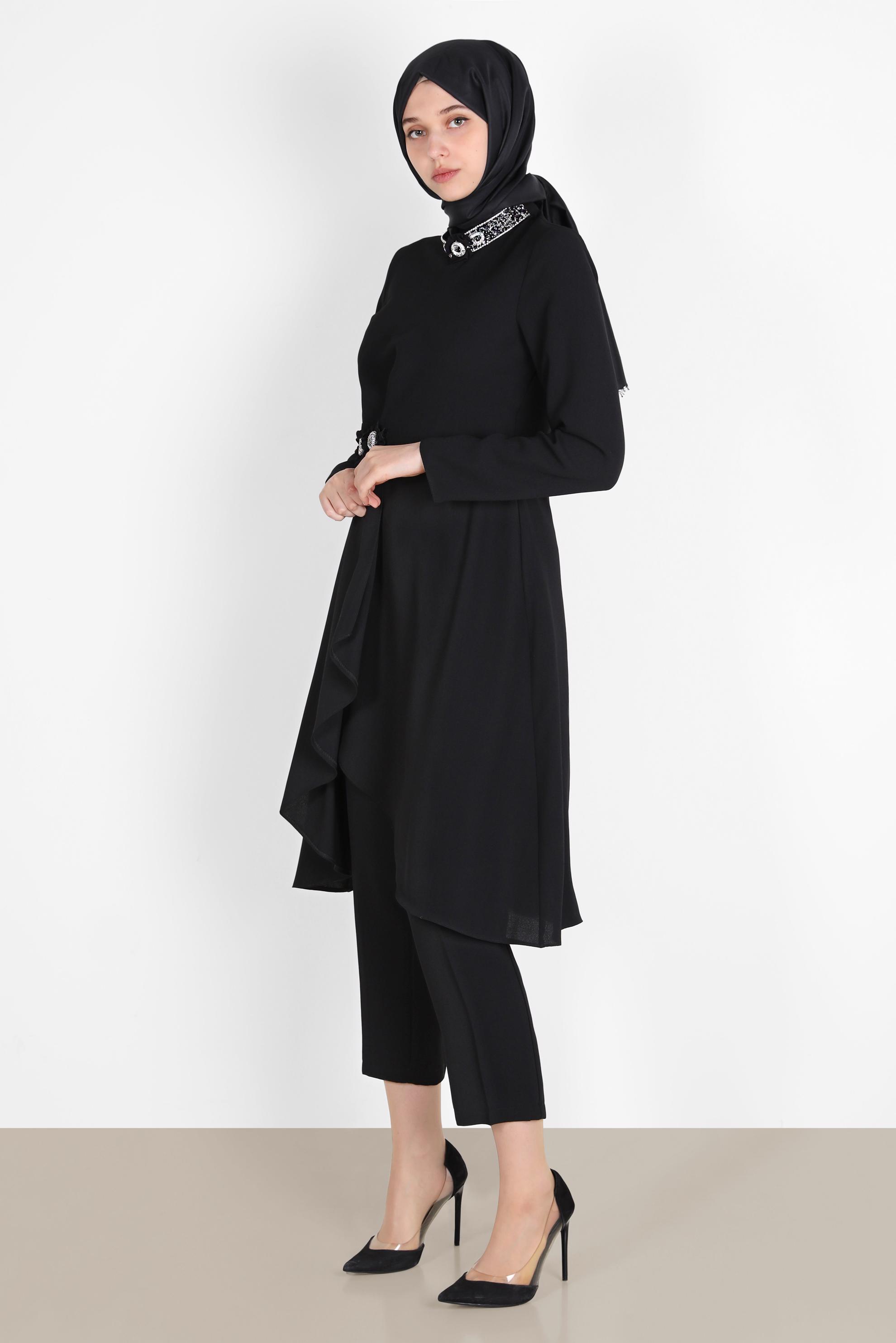 Tesettür giyim SİYAH TAŞLI ÇİÇEK DETAYLI İKİLİ PANT. TAKIM 30265 