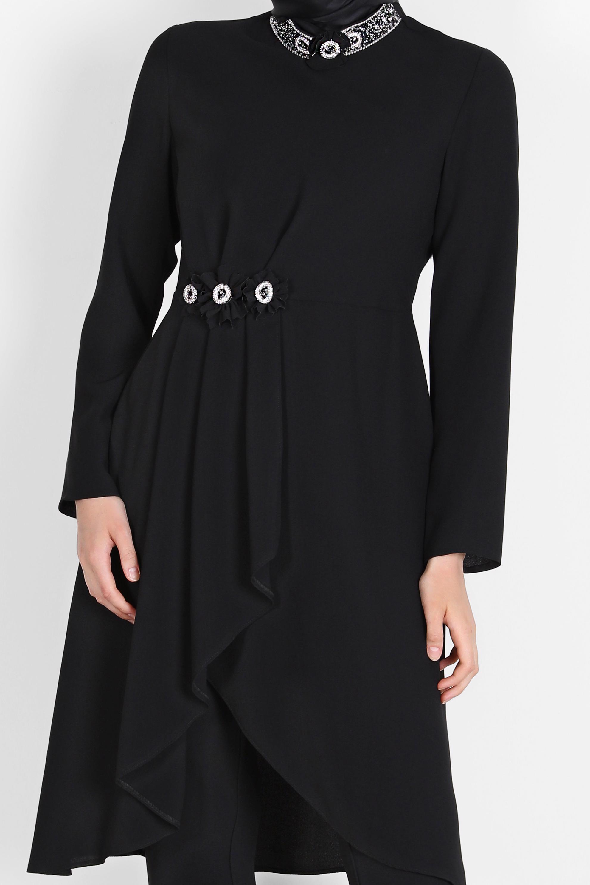 Tesettür giyim SİYAH TAŞLI ÇİÇEK DETAYLI İKİLİ PANT. TAKIM 30265 