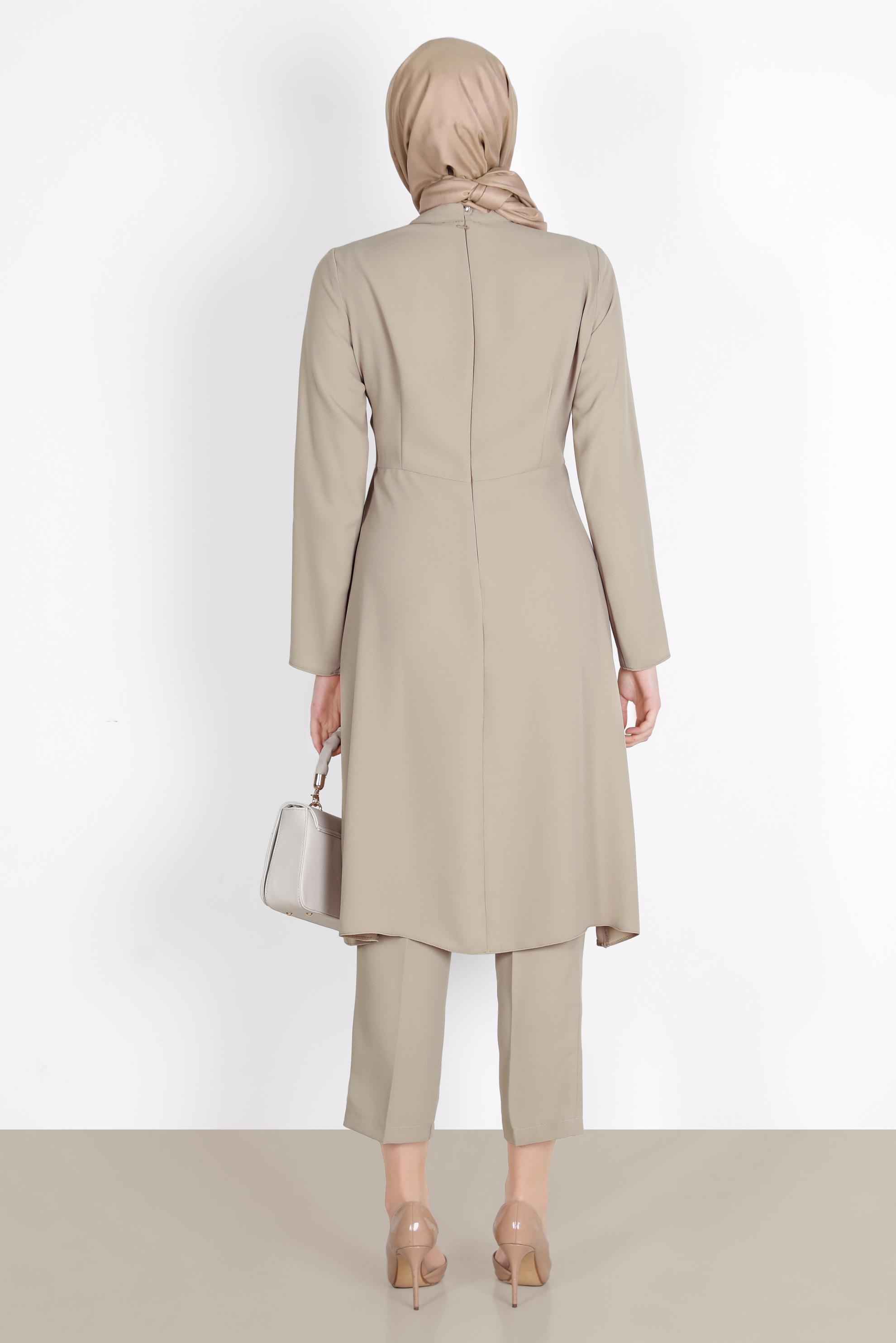 Tesettür giyim BEJ TAŞLI ÇİÇEK DETAYLI İKİLİ PANT. TAKIM 30265 