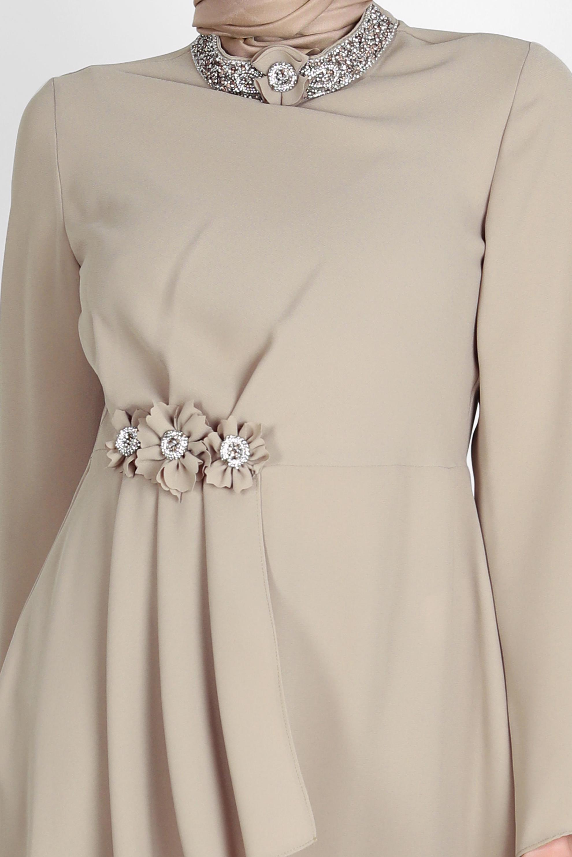 Tesettür giyim BEJ TAŞLI ÇİÇEK DETAYLI İKİLİ PANT. TAKIM 30265 