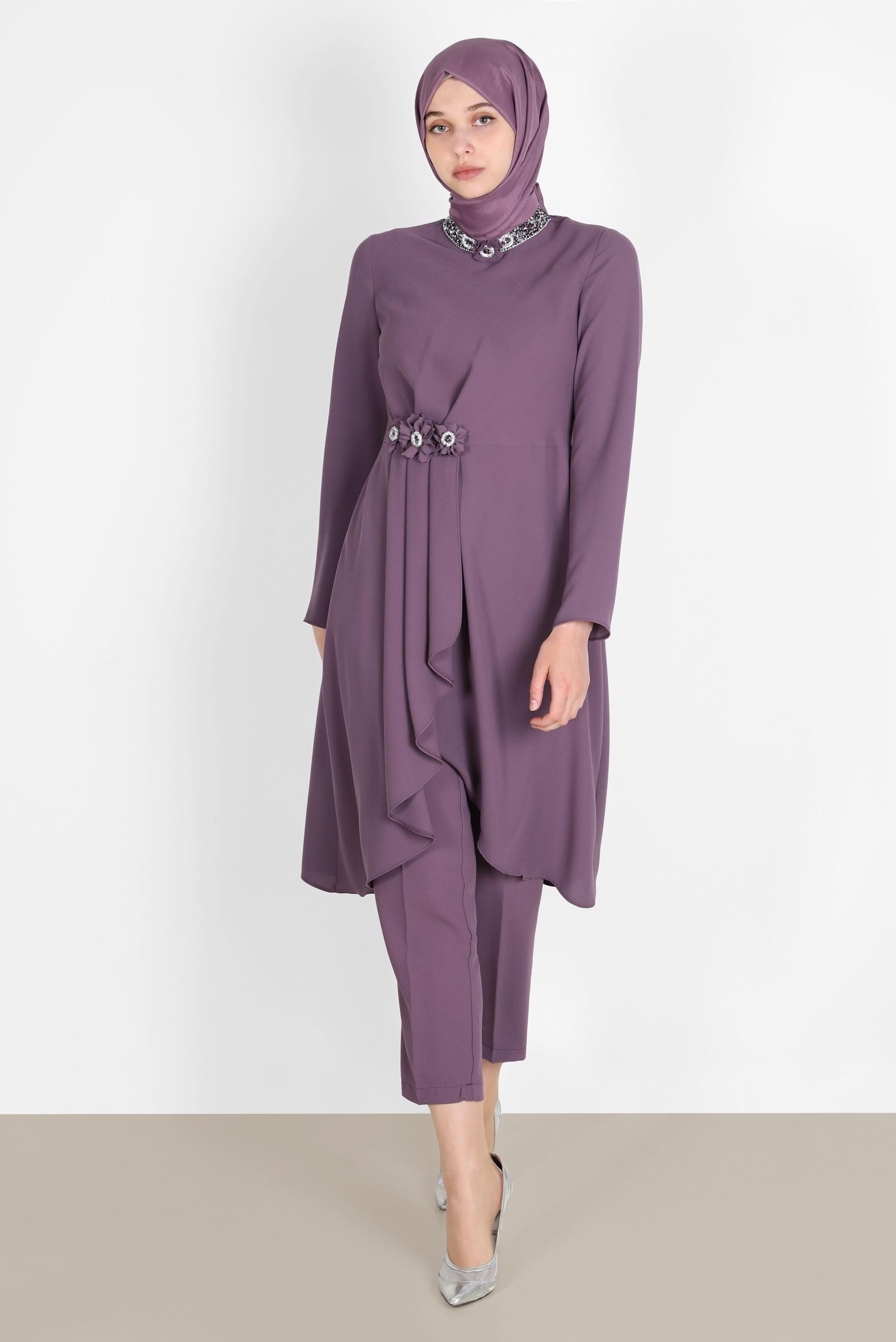 Tesettür giyim MOR TAŞLI ÇİÇEK DETAYLI İKİLİ PANT. TAKIM 30265 