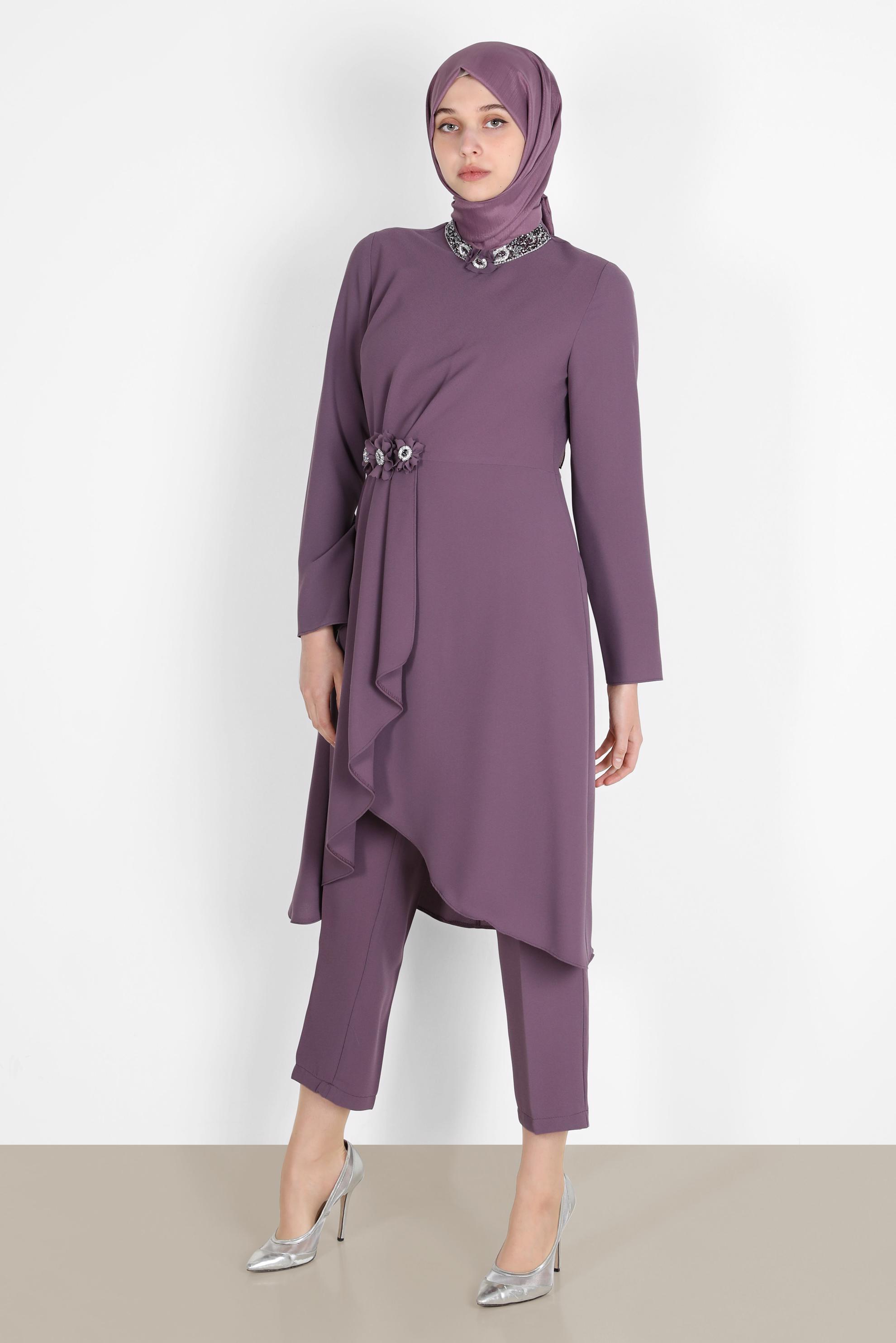 Tesettür giyim MOR TAŞLI ÇİÇEK DETAYLI İKİLİ PANT. TAKIM 30265 
